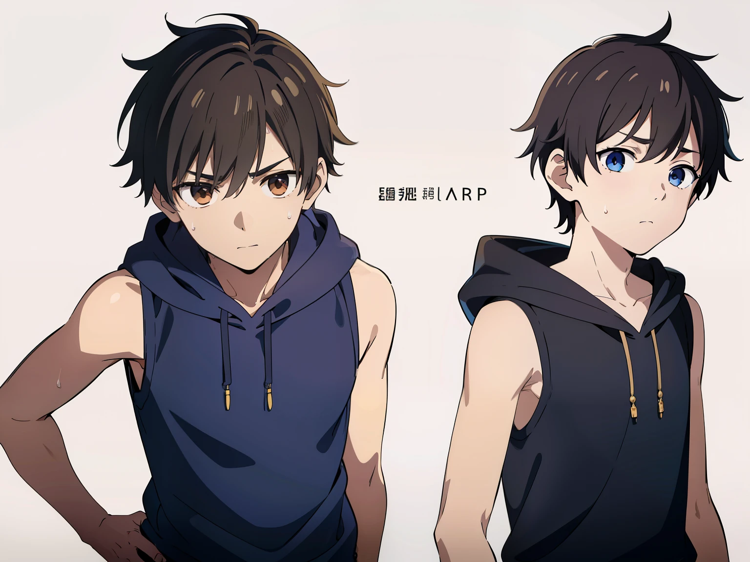 Highres, Masterpiece, Best quality at best,Best Quality,hight quality, hight detailed, (2boy), Shota, (A pair of siblings), He and his little brother wore sleeveless hoodies, (very small and short body), 12-Year-Old-Boys, 15-Year-Old-Boys, hansome, Sweat, Simple beckground