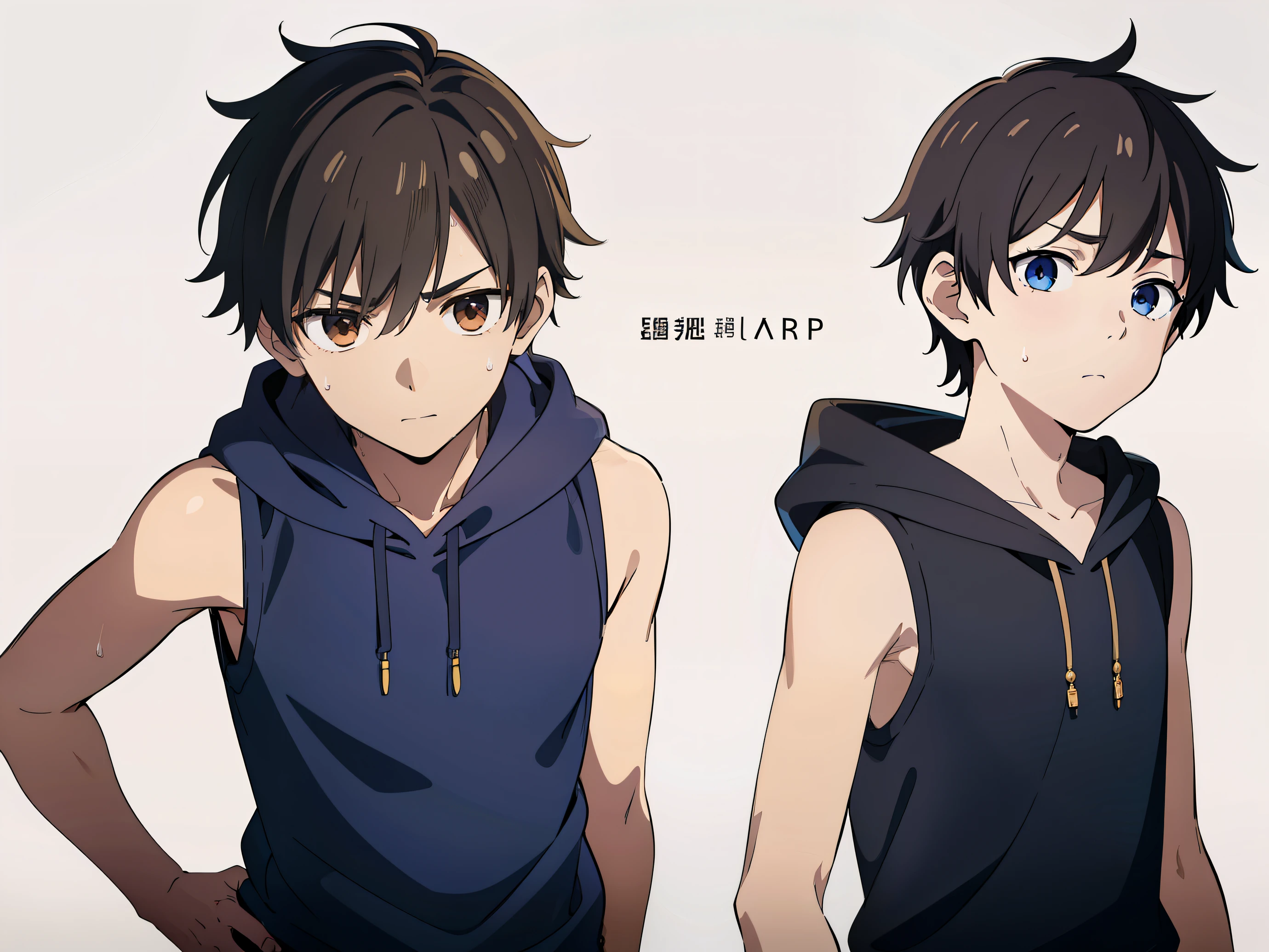 Highres, Masterpiece, Best quality at best,Best Quality,hight quality, hight detailed, (2boy), Shota, (A pair of siblings), He and his brother wore sleeveless hoodies, (very small and short body), 12-YeaOlds, 15ar-Ooys, hsomweat,mplekground