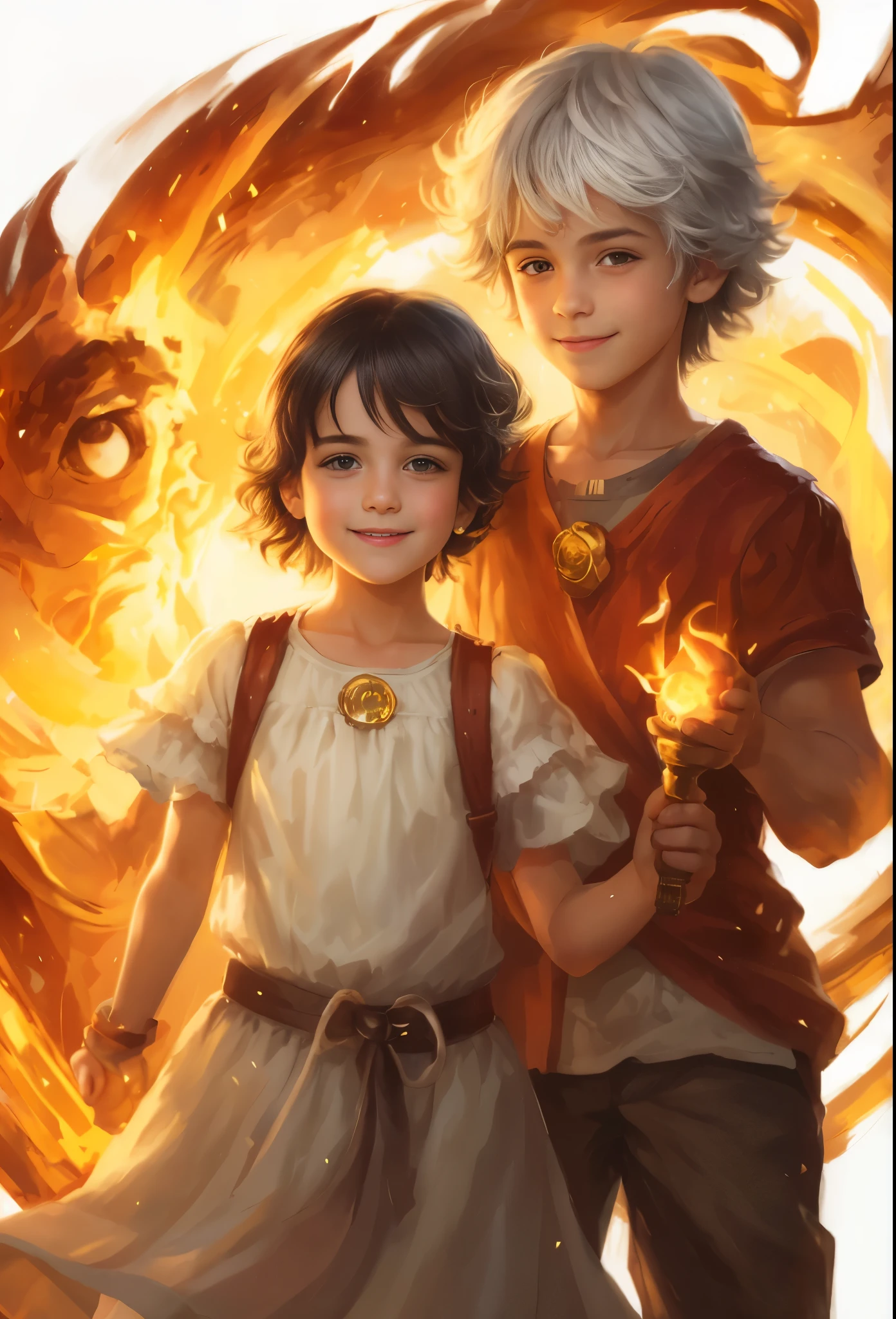 High resolution, portrait, boy and girl with dark hair, , light gray hair, short haircut, yellow eyes, smile, crown, portrait, ballroom in the background, realism, fantasy