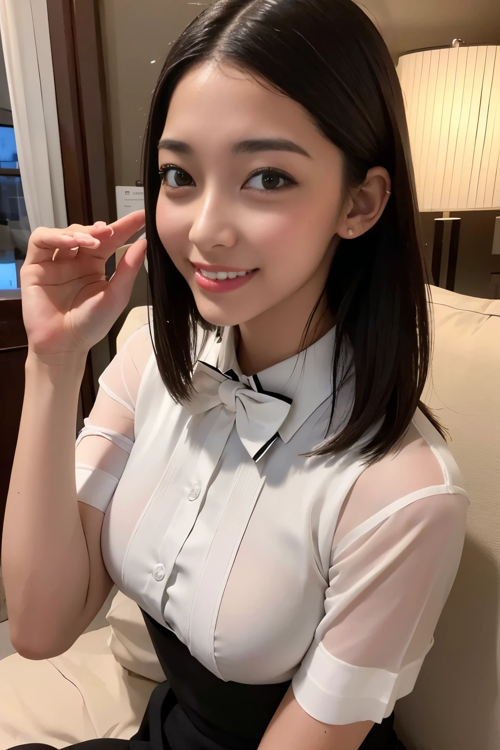8K, RAW photo, highest quality, table top: 1.2), (realistic, Photoreal: 1.37), super detailed, 1 , beautiful, alone, beautiful detailed sky, Detailed Coffee, night, sitting, (Flushed nose), (smile: 1.1), long black hair medium breasts, beautiful detailed eyes, (collared shirt: 1.1), A bow tie, pleated skirt, (short hair: 1.2), long hair, Wet and transparent underwear Super high resolution skin that looks real beautiful expression wet hair Sexy