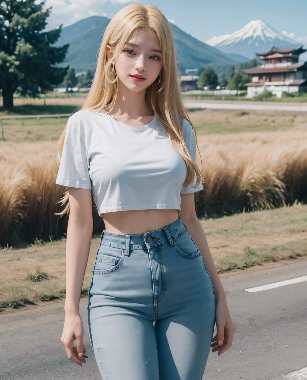 ((blue eyes)), smiley face, ((Sana Minatozaki)), ((buy it twice)), rubber, ((wear tight red jeans, white t shirt, Black sneakers)), ((Standing in a Japanese neighborhood) ), necklace, (best quality, 8 thousand, masterpiece: 1.3)) ), clear focus: 1.2, (Layered Cut, 크기가 big: 1.2), perfect body beauty: 1.4, slim abs: 1.2, wet body: 1.5 , Highly detailed face and skin texture, detailed eyes, double eyelid, ((Long blonde hair with bangs)), long legs, wide hips, big , beautiful breasts