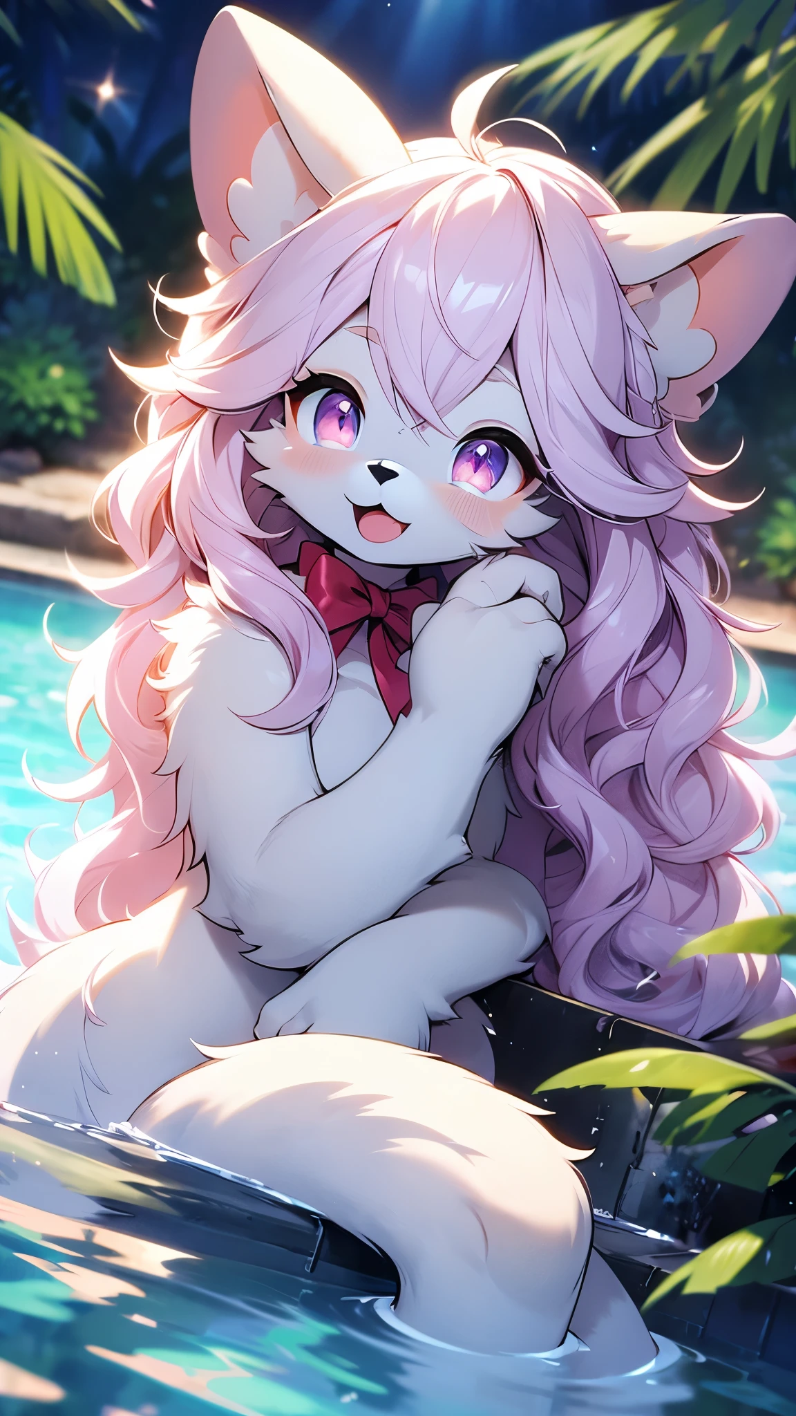 (fluffy anthro furry:1.6),cat girl,pink long hair,wavy hair,pubic fur,neck fur,close eye,smile,open mouth,bath,lying in water,bath,naked,nude,looking at viewer,full face blush,glittering water detailed,sparkle star background,wet body,wet arms,wet legs,wet face,glasses,flora hairpin,high angle