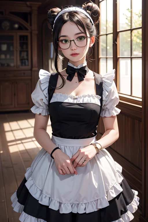 highres, sharp focus, pixiv masterpiece, ((intricate details)), highly detailed, yuri alpha, Eva Green, (green wristband, green gauntlets, spikes,:1.1) glasses, green eyes, maid, single hair bun, dress, choker, bowtie, maid apron, 