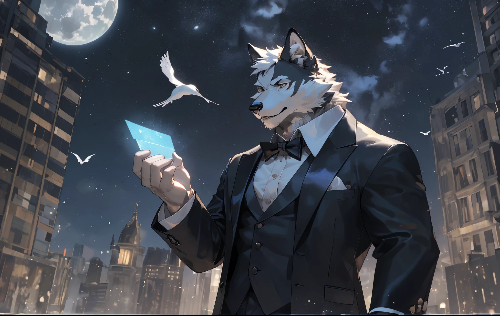 (best quality,4k,8k,highres,masterpiece:1.2),ultra-detailed,(realistic,photorealistic,photo-realistic:1.37),meticulously detailed magician performing magic tricks with expertise,a white crow,a flock of doves,atop a skyscraper,the darkness,professional lighting,werewolf,man,black fur,sleek and modern magician attire,white tuxedo