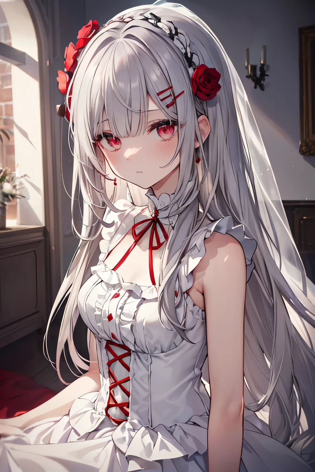 (limited pallete), highest quality, (((masterpiece))), (((beautiful fine hair))), (((Beautiful and smooth skin))), alone, , young, , (((gray hair))), red eyes, (mascara), dull bangs, ((Hair above the eyes)), long hair, medium breasts, White dress with ruffles, white ruffles, Too many frills, Rose, Noble, faithful, Bride's Hairhead, (((focus of the eye))), (((Expressionless))), blurred background, empty eyes, empty eyes, (red theme), bedroom background, looking at the viewer, (((pat your hair))), (((night))), half closed eyes, close, (((hair ornaments))), erect body, Cut bangs neatly, Braided hair on the back of the head, sleeveless dress,