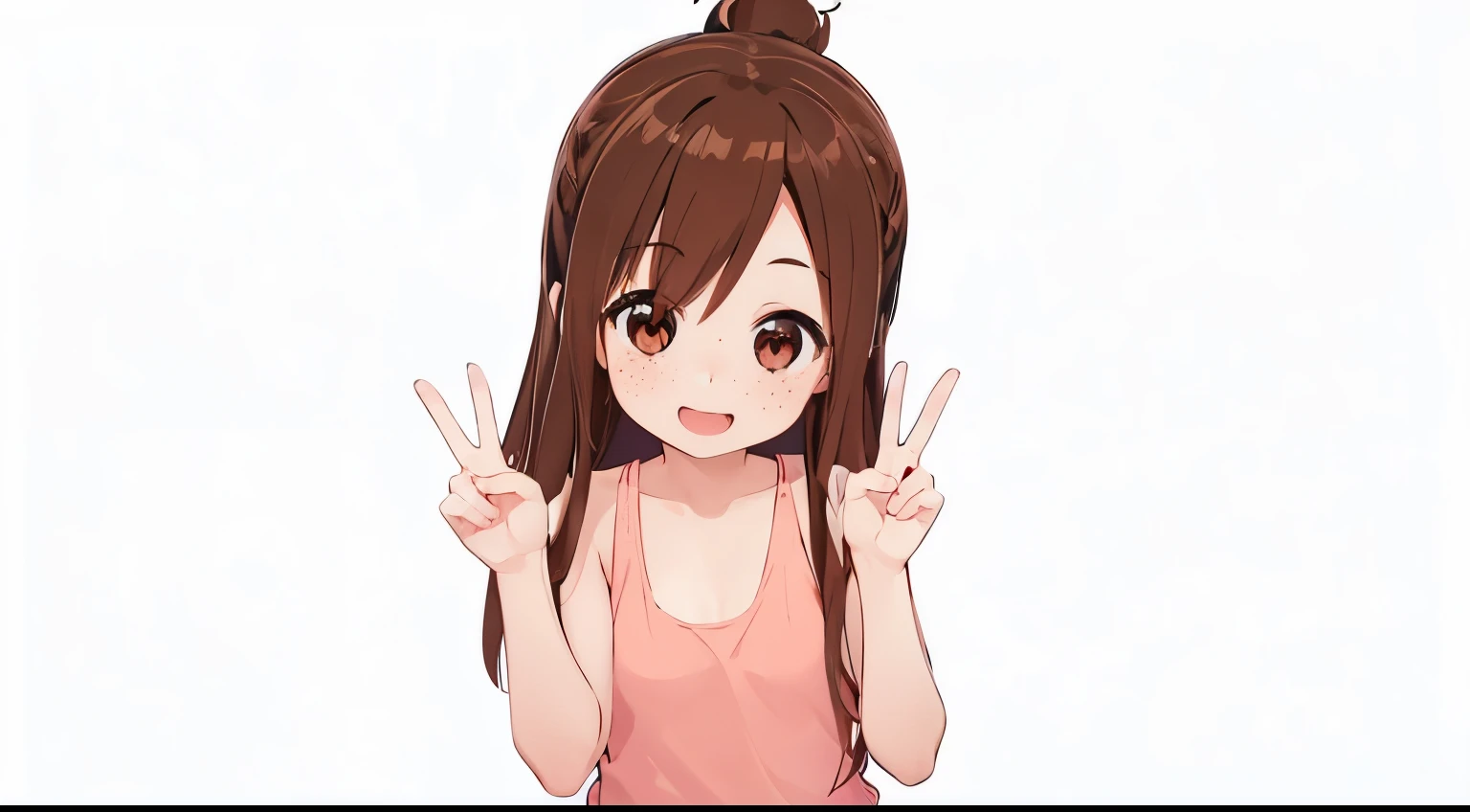 1girl, brown eyes, freckles, brown hair, bangs, long hair, half ponytail, creamy pink tank top, peace sign, happy, absurdres, high res, ultrasharp, 8K, masterpiece, looking at viewer, smiling, cute