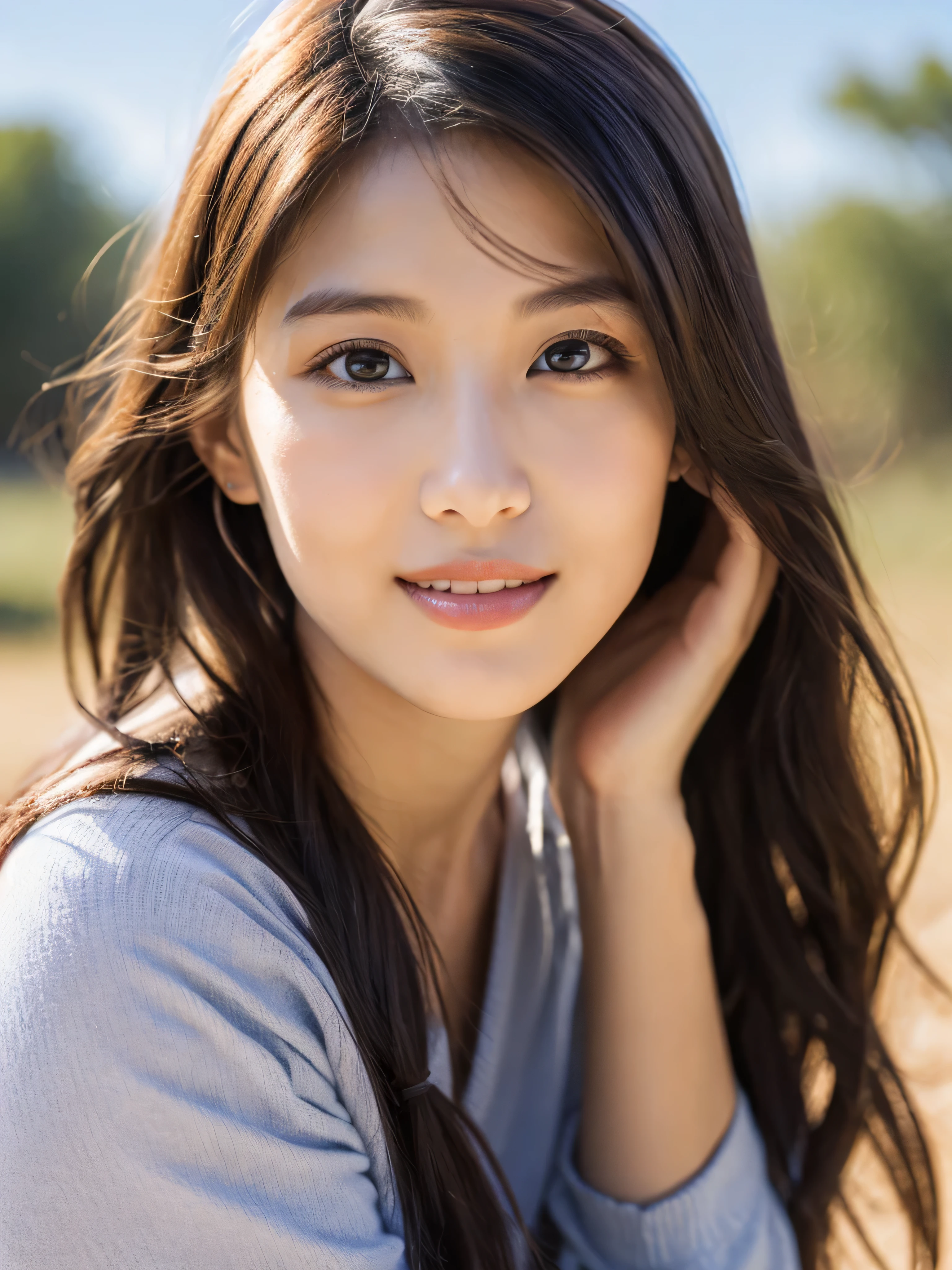 Ultra Real,beautiful and fine eyes, highest quality, Super detailed,Natural light, beautiful skin,high detail, (27-year-old woman:1.9), (Half-American:1.5) ,medium long hair,brown hair,natural smile, one person, Are standing,town,Black belt,Crossed arms,put your hand on your lips