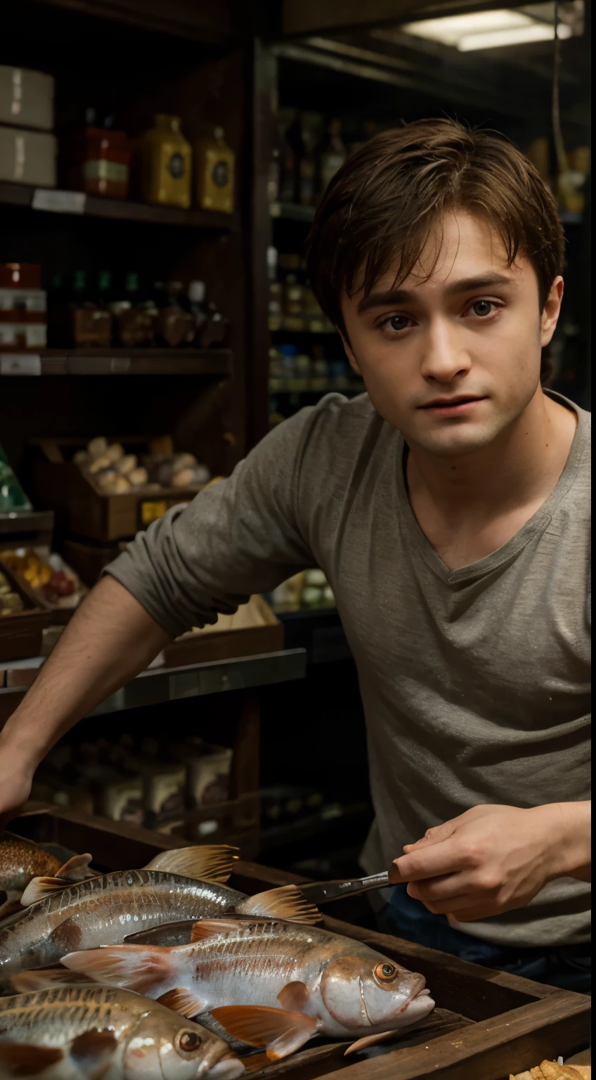 Masterpiece, Highest Quality, Ultra-Detailed, Hyper-Real, Daniel Radcliffe, perfect face, FOTO FRONTAL, cinematic lighthing, full body, Fish market shopping