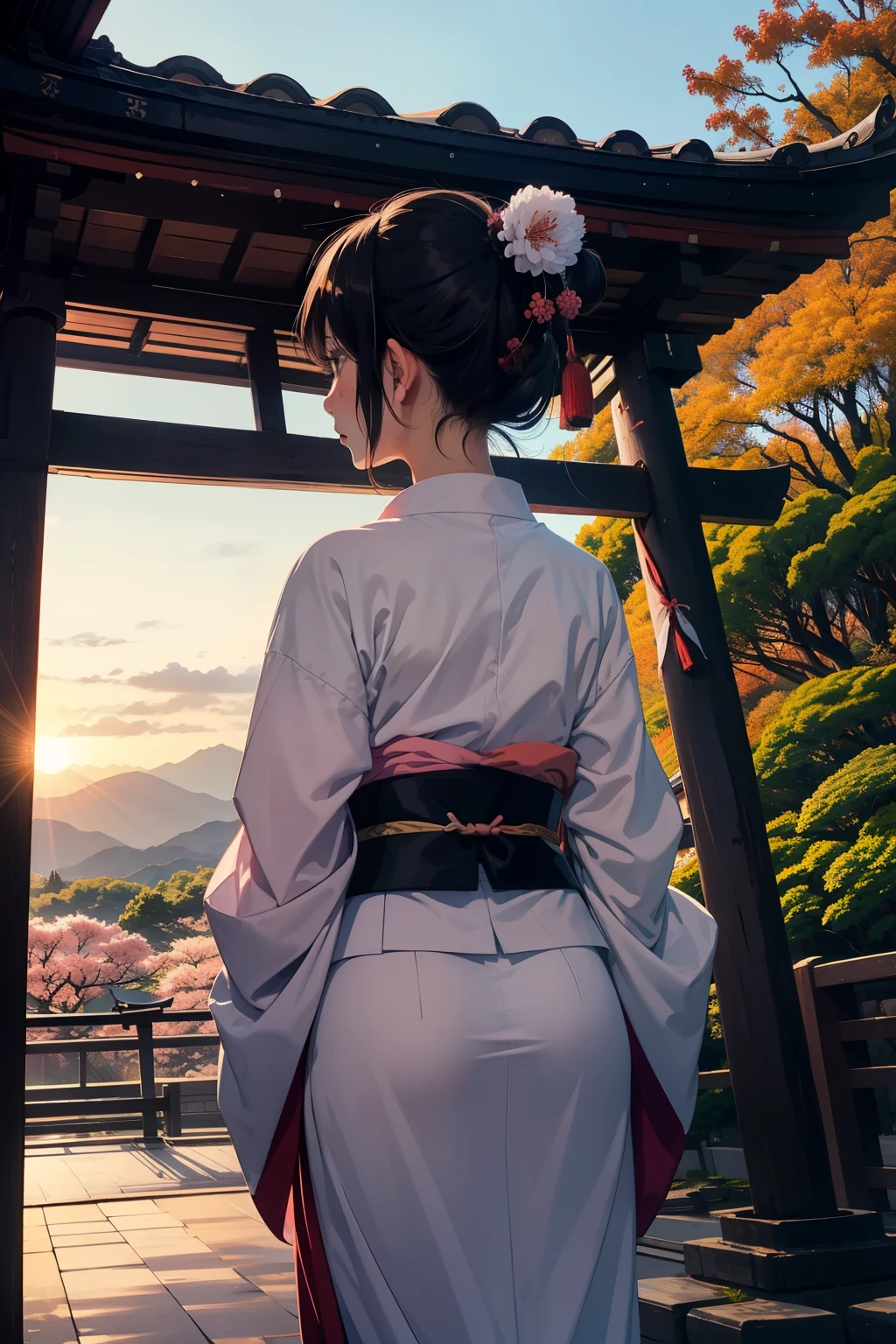 mountains,spring,sunrise,japanese temple,kyoto,from behind,
1girl,femaile focus,maiko,komono,geisya,pink kimono,