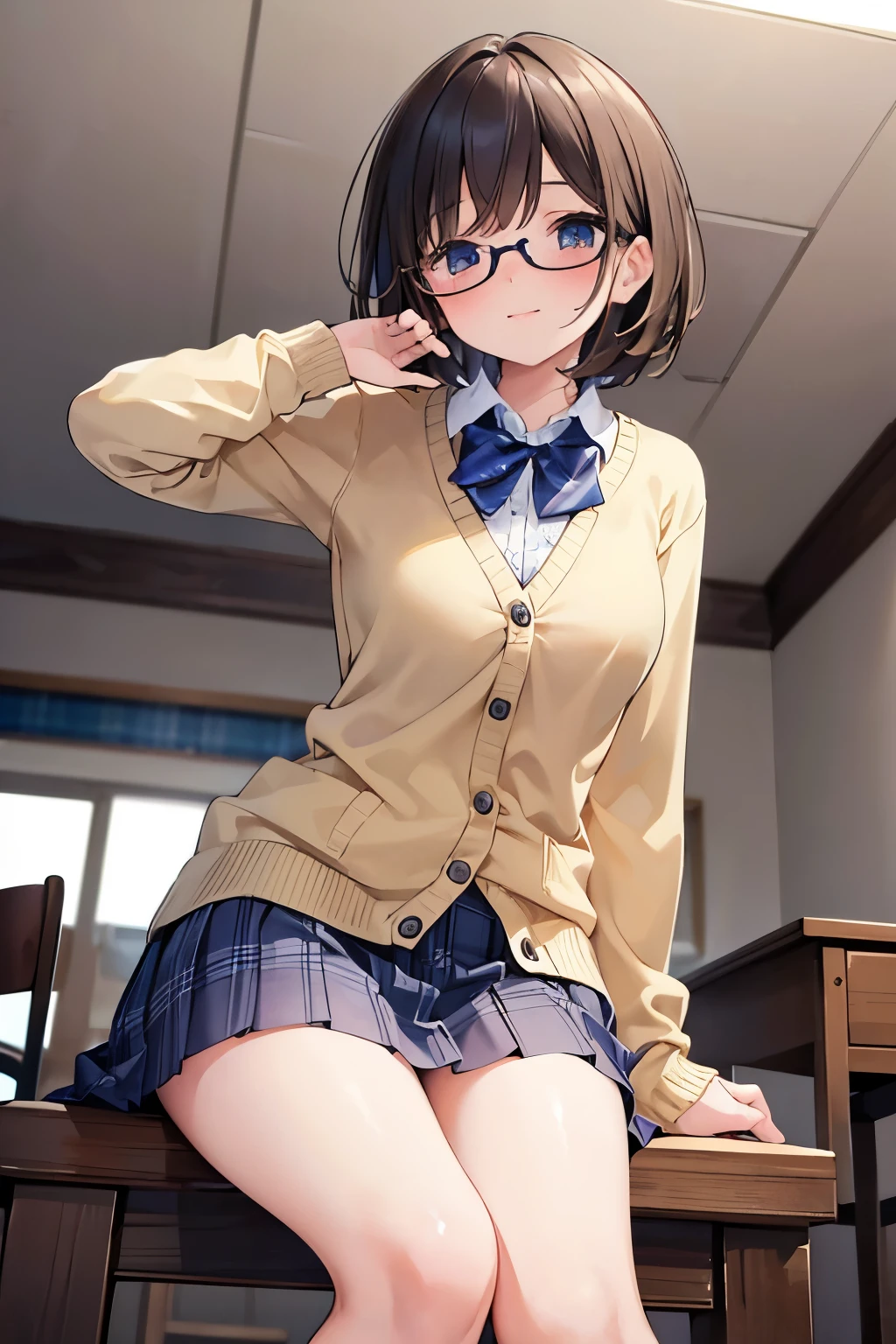 In this captivating masterpiece of art, a girl is depicted in exquisite detail, leaning forward at an angle from below, her perfect face radiating a gentle blush and playful smirk. Her expressive eyes, filled with intrigue and emotion, are the focal point of the beautiful illustration.
She wears a winter school uniform, consisting of a Cardigan sweater and a Plaid miniskirt, which accentuates her beautiful legs. Dark brown short hair frames her adorable face, adding to her charm.
As she begins to undress, her anticipation is palpable. She slowly pulls down her white panties, revealing a hint of temptation and excitement in her