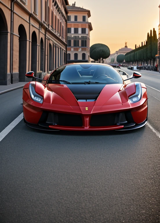 photo of a Ferrari LaFerrari in Rome, sunrise, shot on a Sony Mirrorless camera, DSLR, 85mm lens f/4, ultra detailed, 8k