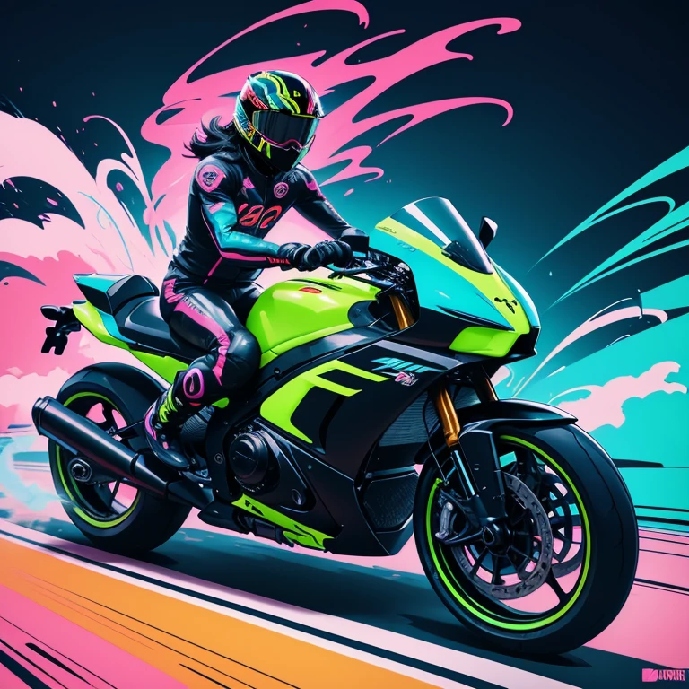 bold neon colors, cartoon style illustration of a big futuristic sports moto, splash art, splashed neon colors, (iridiscent glowy smoke)((motion effects)), best quality, walpaper art, UHD, centered image, MSchiffer art, ((flat colors)), (cel-shading style) very bold neon colors, ((high saturation)) ink lines, psychedelic environment