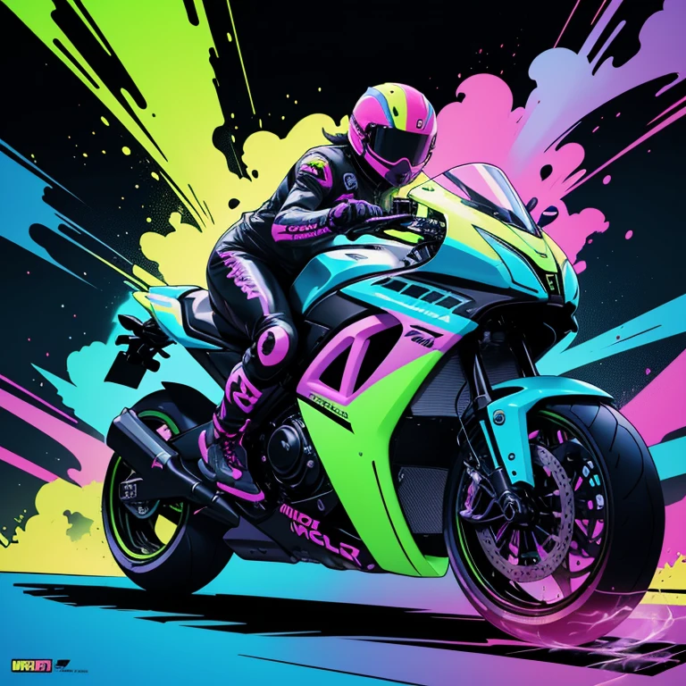 bold neon colors, cartoon style illustration of a big futuristic sports moto, splash art, splashed neon colors, (iridiscent glowy smoke)((motion effects)), best quality, walpaper art, UHD, centered image, MSchiffer art, ((flat colors)), (cel-shading style) very bold neon colors, ((high saturation)) ink lines, psychedelic environment