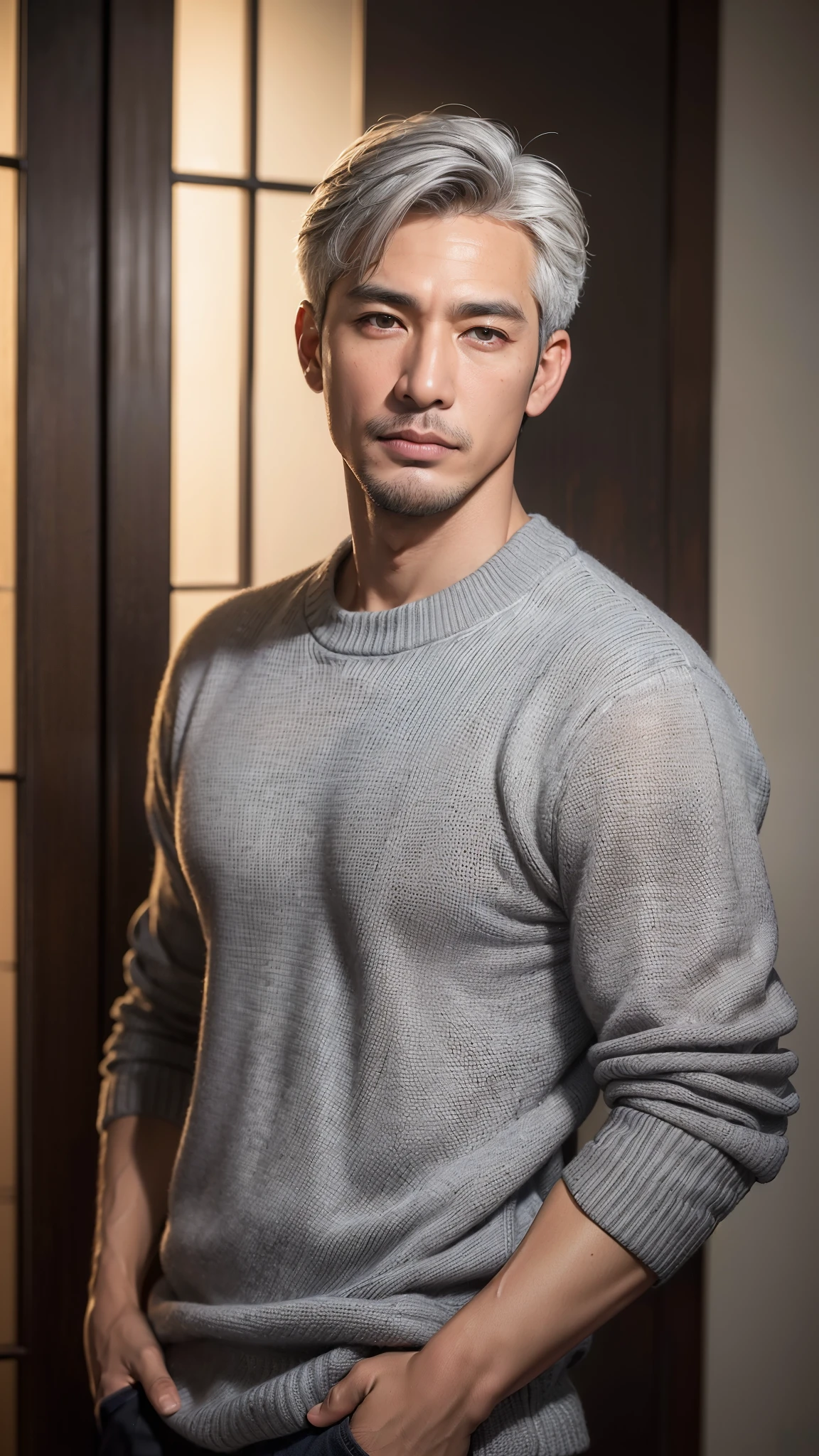 (best quality, masterpiece, high resolution:1.4), (Photorealistic, raw photo:1.2),  (solo), (male:1.5), (asian:1.7), modeled, (handsome:1.3), (dark blown eyes:1.2),shoot from front,(52 years old), (gray hair:1.3), (extra short hair:1.2), (sweater:1.3), midnight,(In a room, in luxury hotel)