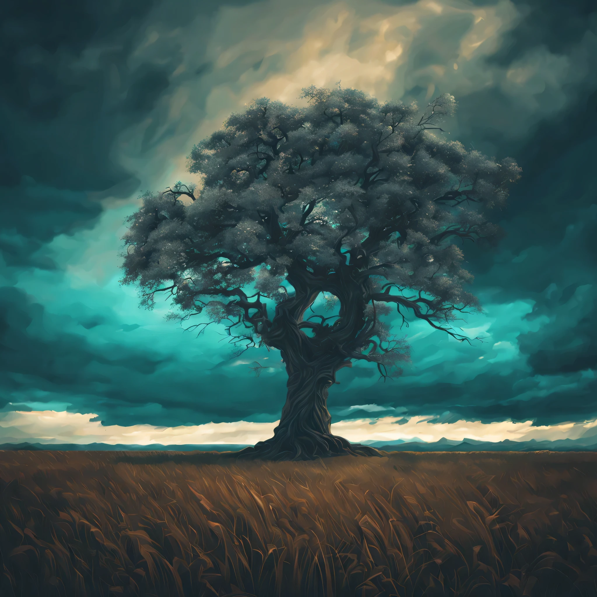 In vexel art style create the image of a lonely tree standing in the middle of prairee, under an ominous looking sky with low contrast cyan hue. --seed 777, Ultra HD, photorealistic, 32k, --AR 16:9, --v 5.2, -- s 55, --CHaos 321