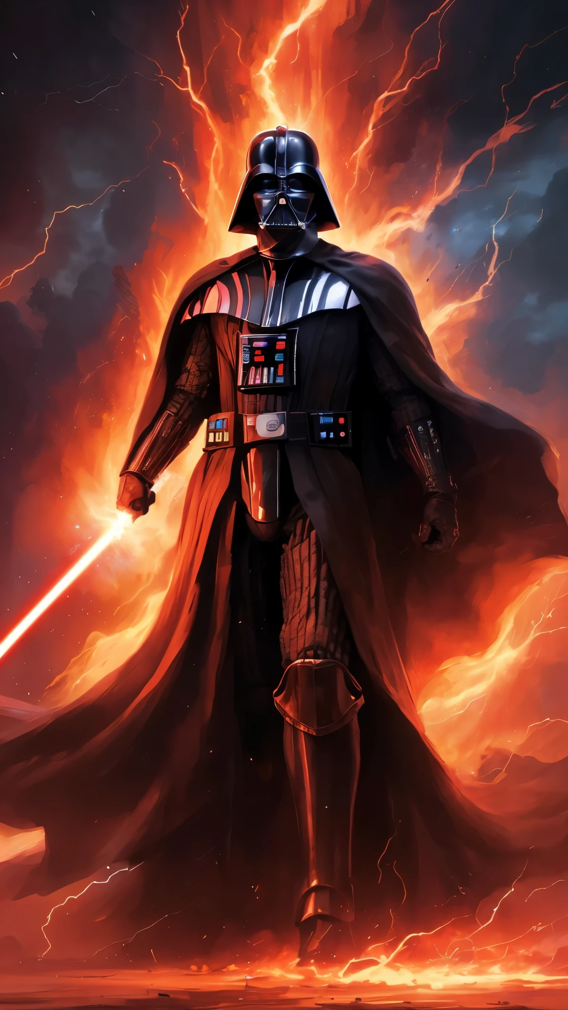 (realistic:1.3), intricate details,painting \(artwork\), ((masterpiece,best quality)), ((cinematic light)), Darth Vader, \(style\), detailed armor, detailed helmet, Darth Vader, surrounded by flames and lightning with thunder, segurando um sabre de luz vermelho.