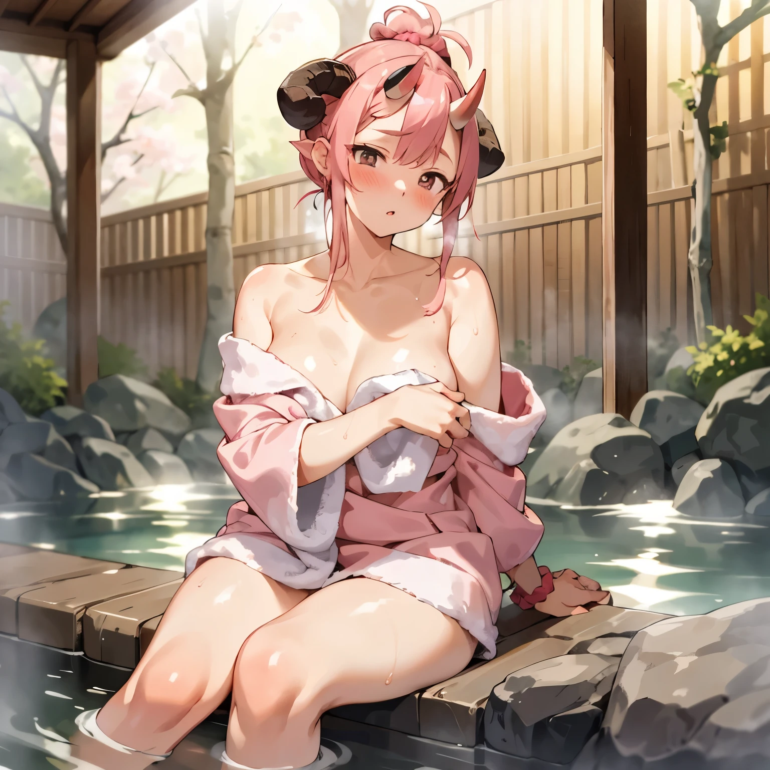 (masterpiece, best quality), 1 girl, hot spring, towel, sakura, onsen, blush, pink hair, horns, solo, off shoulder, wrist scrunchie, perfect anatomy