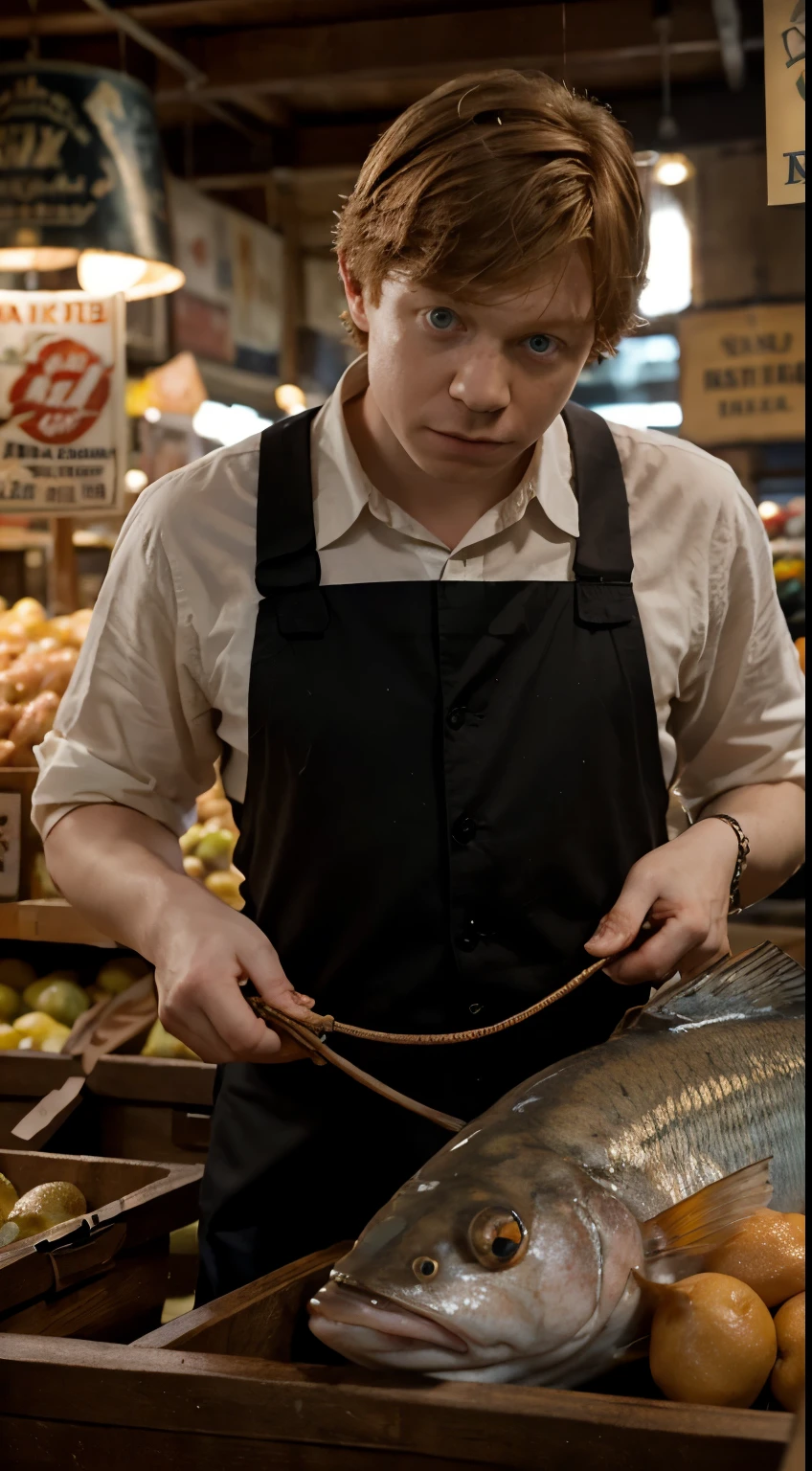 Masterpiece, Highest Quality, Ultra-Detailed, Hyper-Real, Rupert Grint, perfect face, FOTO FRONTAL, cinematic lighthing, full body, Fish market shopping