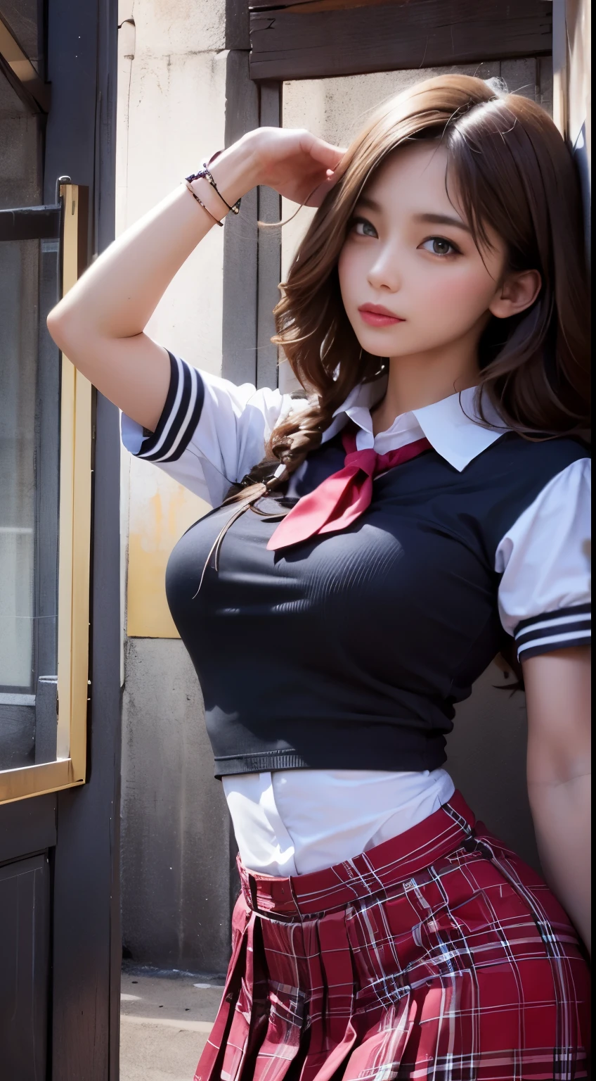 realistic,  High resolution,  soft light, 1 female,  alone,  hip up,  dynamic pose,  glowing skin,  jewelry,  school uniform, skirt, shirt