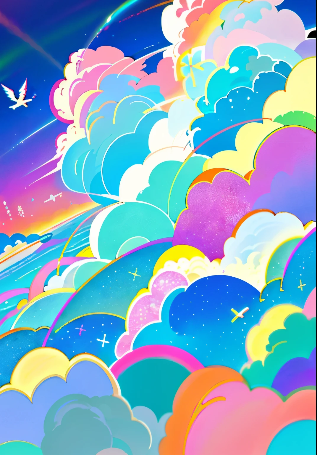 there is a plane flying through a cloudy sky with a bright sun, anime sky, anime clouds, very colorful heavenly, beautifull puffy clouds. anime, heavenly colors, colorful skies, psychedelic sky, clouds mystic hue, anime background, (((colorful clouds))), colorfull sky, psychedelic clouds, fluffy pink anime clouds ,sunset, ocean