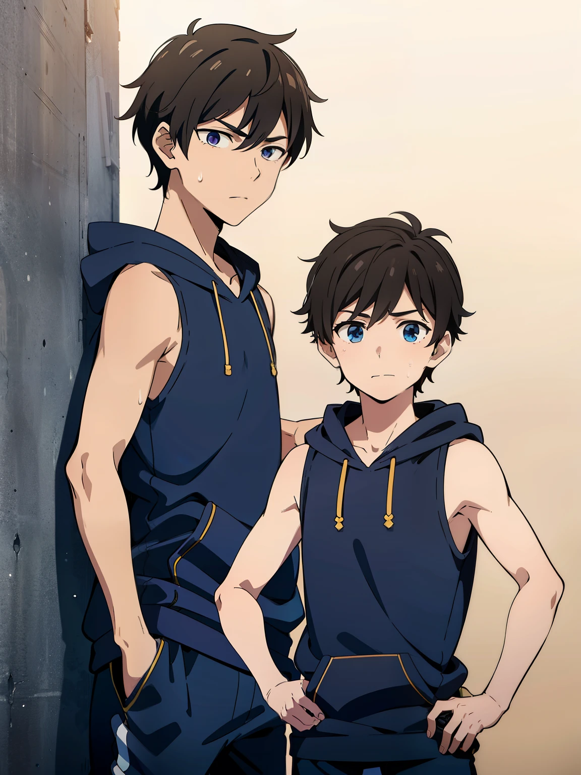 Highres, Masterpiece, Best quality at best,Best Quality,hight quality, hight detailed, (2boy), brother, (A pair of siblings), He and his little brother wore sleeveless hoodies, Different heights, 12-YeaOlds and-Yead-Boys, hsomweat,mplekground