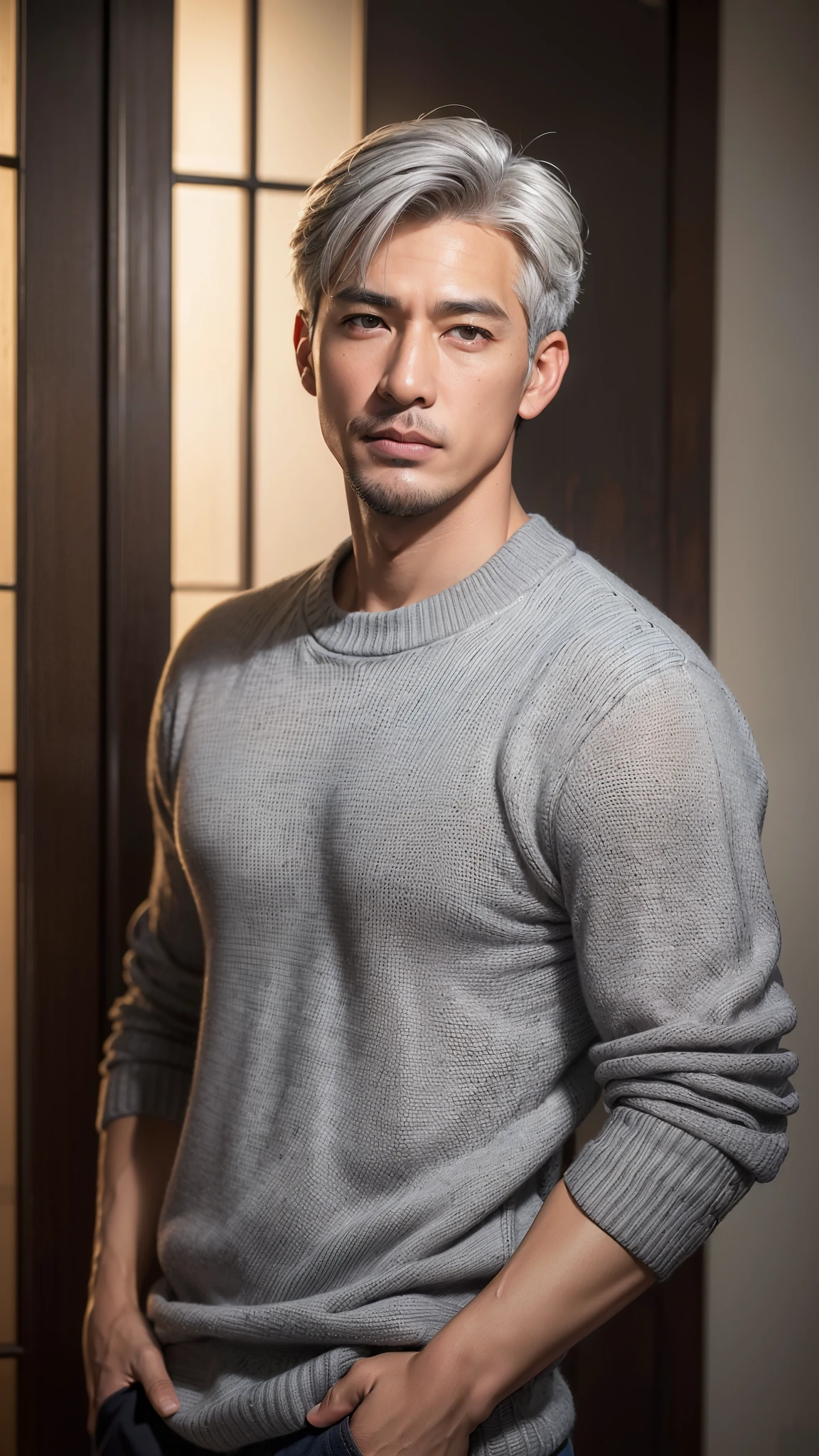 (best quality, masterpiece, high resolution:1.4), (Photorealistic, raw photo:1.2),  (solo), (male:1.5), (asian:1.7), modeled, (handsome:1.3), (dark blown eyes:1.2),shoot from front,(50 years old), (gray hair:1.3), (extra short hair:1.2), (sweater:1.3), midnight,(In a room, in luxury hotel)