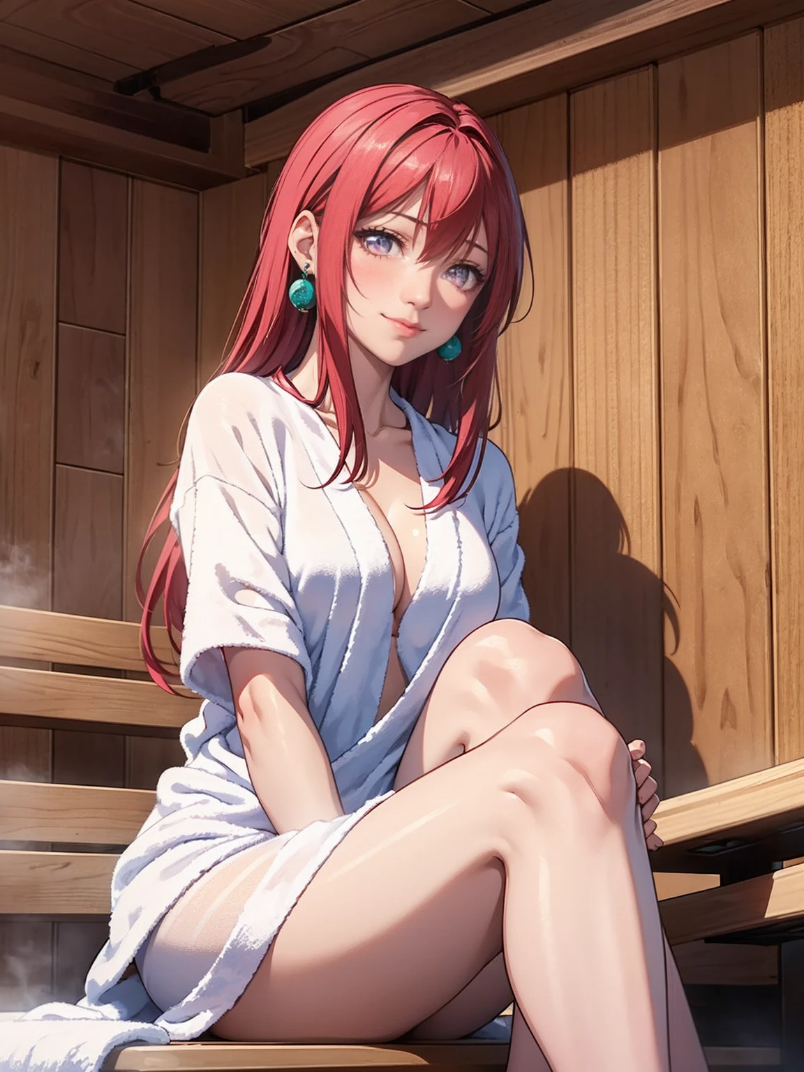 1girl, Alone, relaxed expression, ((sitting on the bench)), sauna, ((white towel and cute wrapped in a white towel)), red lipstick, sweating, steam in the room, wooden sauna, TakashiroHiroko, dark purple eyes)) ), Takashiro Hiroko, 1girl, mature woman, alone, legs crossed, cowboy shot, looking at viewer, smile, blushing, dark purple eyes, long hair, red hair, earrings, jewelry, fog,