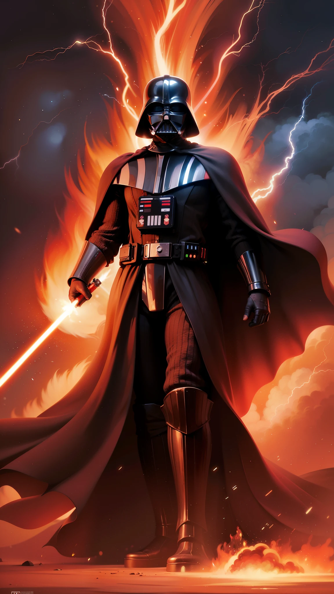 (realistic:1.3), intricate details,painting \(artwork\), ((masterpiece,best quality)), ((cinematic light)), Darth Vader, \(style\), detailed armor, detailed helmet, surrounded by flames and lightning with thunder, segurando um sabre de luz vermelho, 4k.
