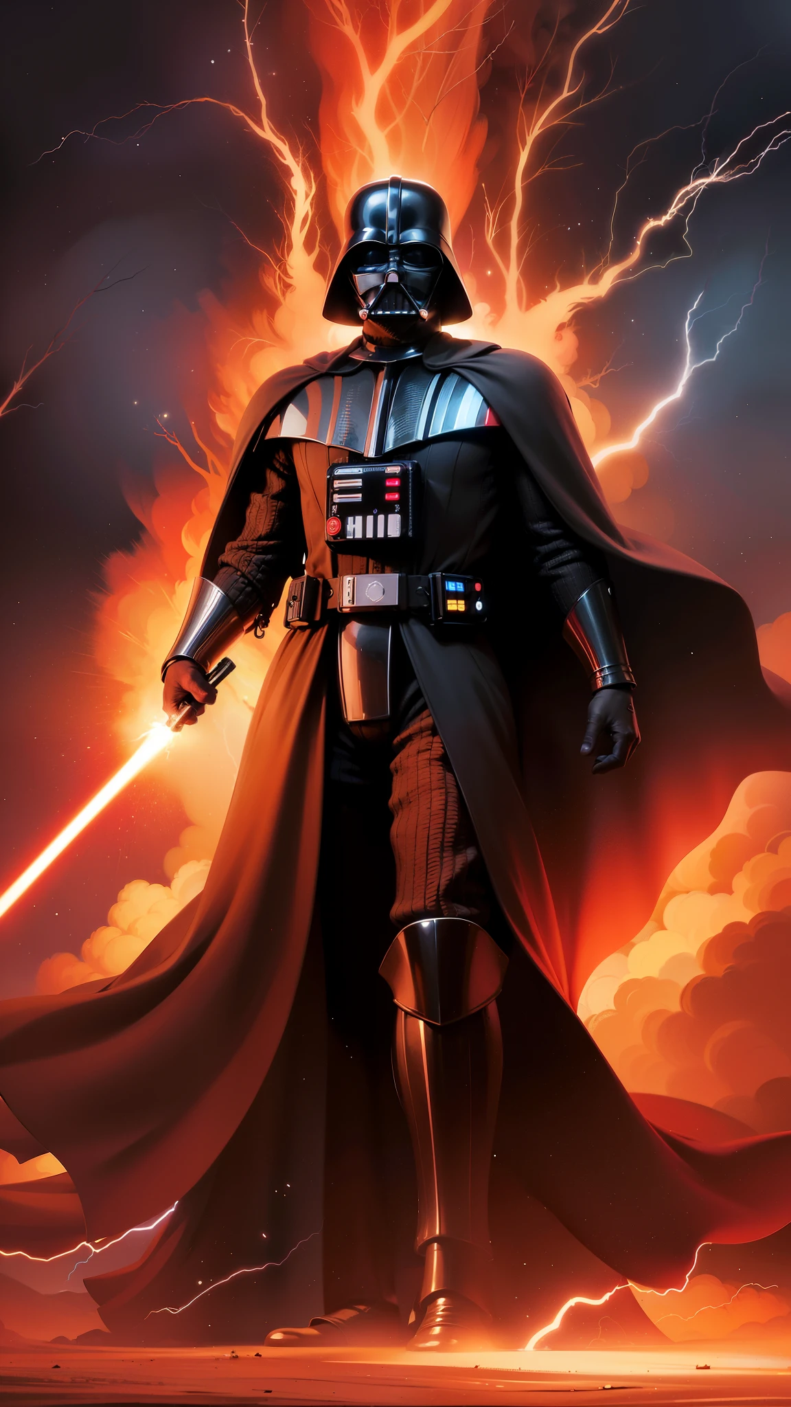 (realistic:1.3), intricate details,painting \(artwork\), ((masterpiece,best quality)), ((cinematic light)), Darth Vader, \(style\), detailed armor, detailed helmet, surrounded by flames and lightning with thunder, segurando um sabre de luz vermelho, 4k.