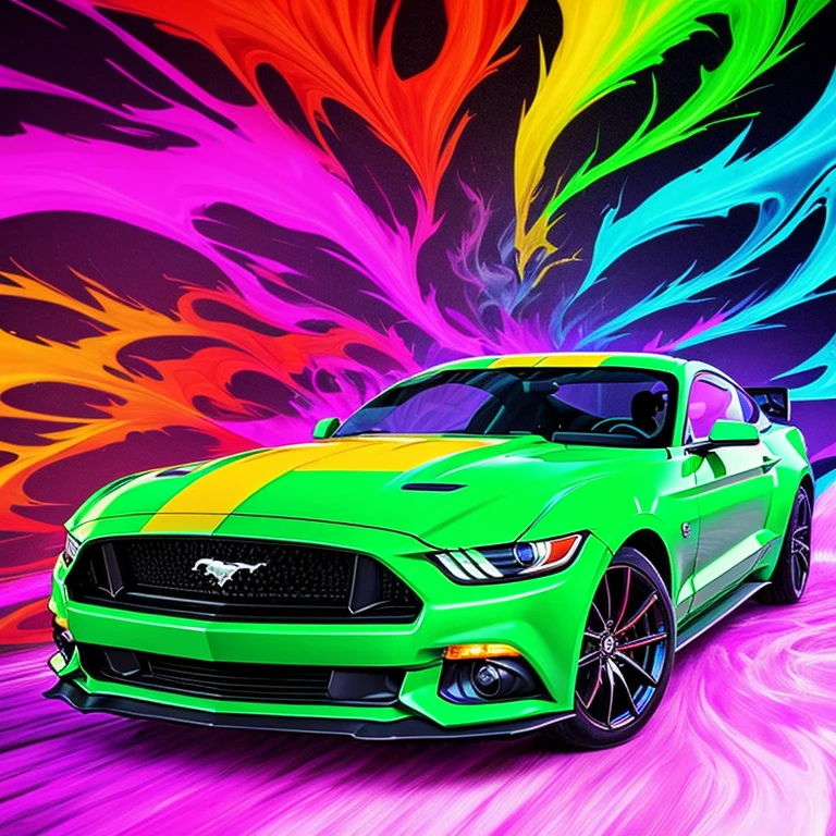 bold neon colors, cartoon style illustration of a luxury Mustang car with a ((pinup woman)) (leaning on the luxury Mustang), splash art, splashed neon colors, (iridiscent glowy smoke)((motion effects)), best quality, walpaper art, UHD, centered image, MSchiffer art, ((flat colors)), (cel-shading style) very bold neon colors, ((high saturation)) ink lines, psychedelic environment