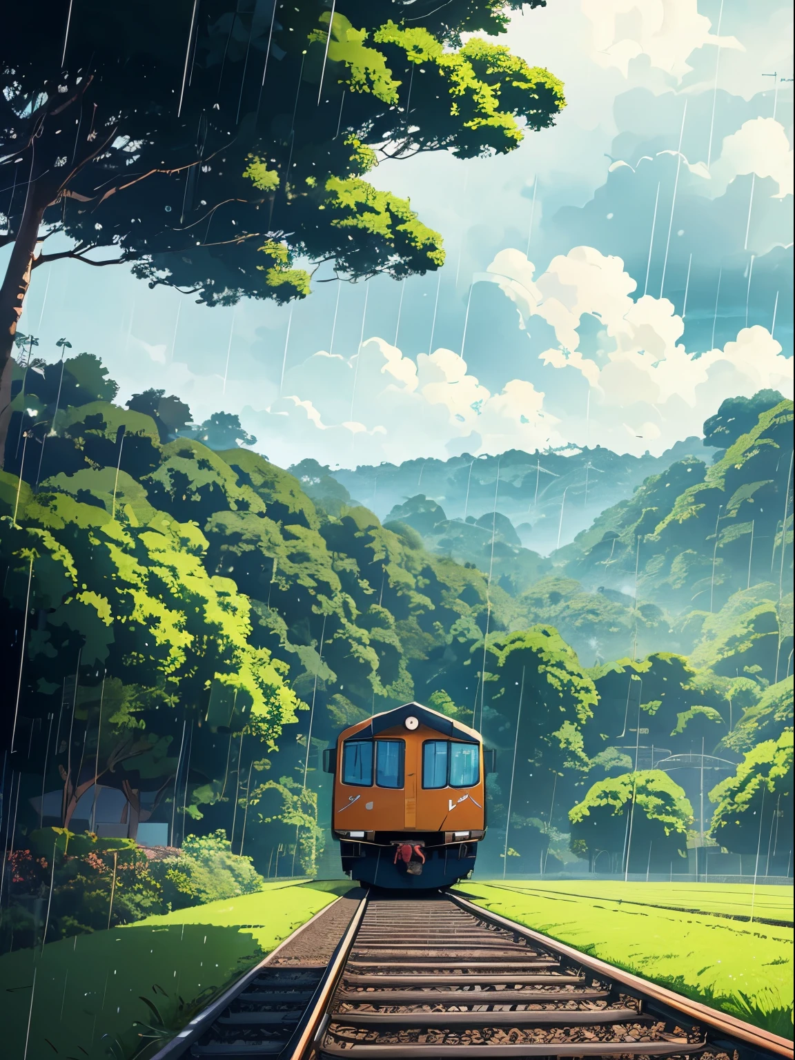 very detail anime drawing, ((diesel train)), distance train crossed vast fields, ((rain)), heavy rain, windy morning, a distance sea, beautiful puffy clouds, incredibly beautiful anime landscape, distance forest hills, coconut trees, beautiful anime landscape, anime movie background, high quality desktop wallpaper, landscape wallpaper