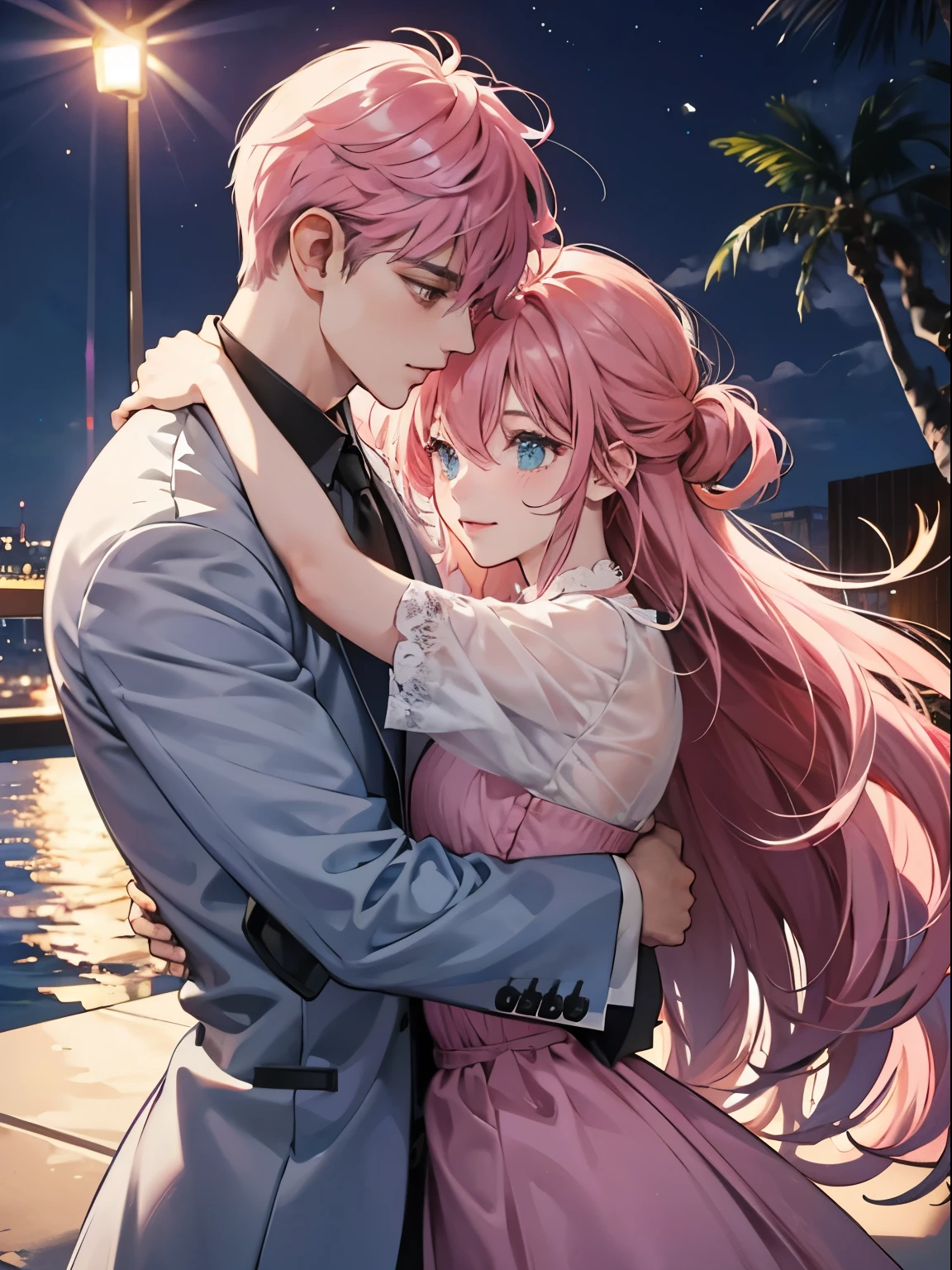 night，rays of moonlight，couple，hug、pink hair