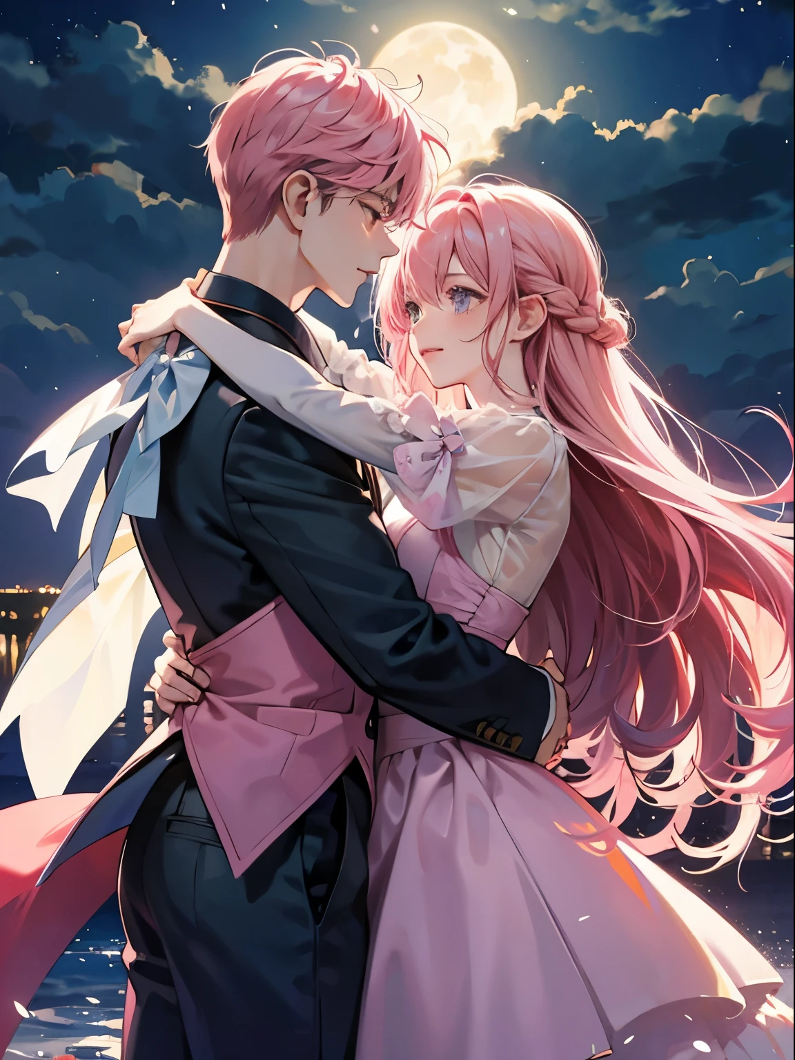 night,rays of moonlight,couple,hug、pink hair