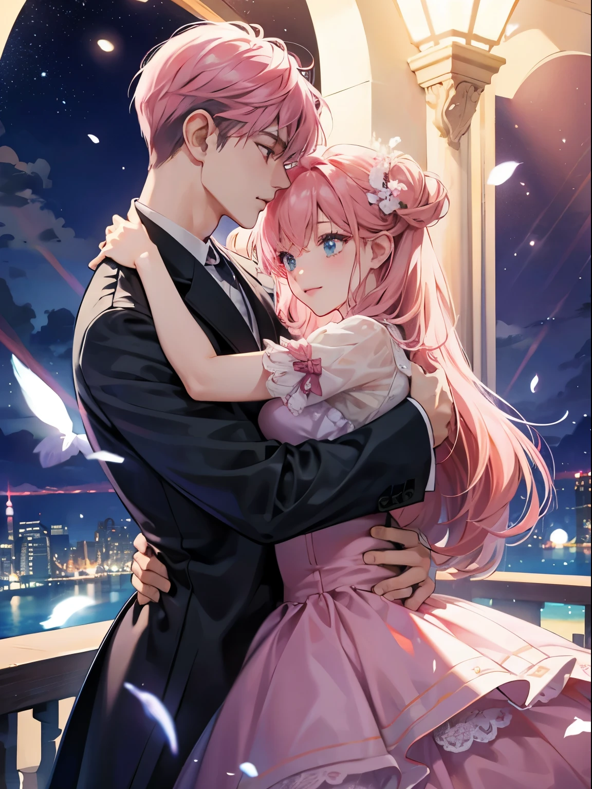 night,rays of moonlight,couple,hug、pink hair