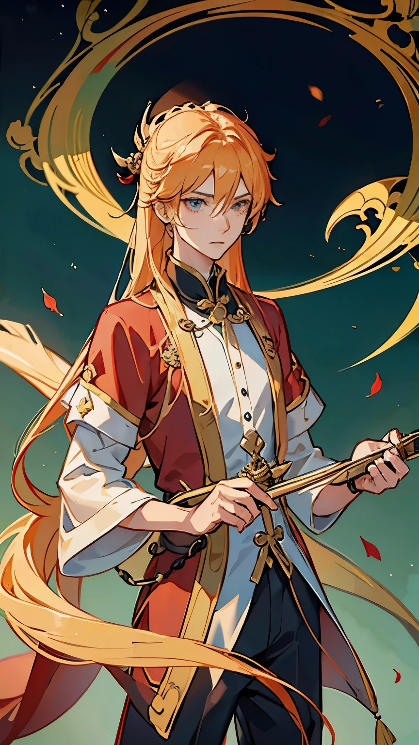 2D beautiful boy，red hanfu，long blonde hair，As gentle as jade，Humble gentleman，red hanfu，Sword flying