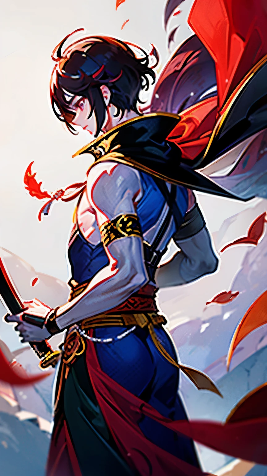 Yushu Linfeng,As gentle as jade,2D beautiful boy,Red and purple eyes,Red cape,Holding the Xuanyuan sword,御剑flight,flight,facing away