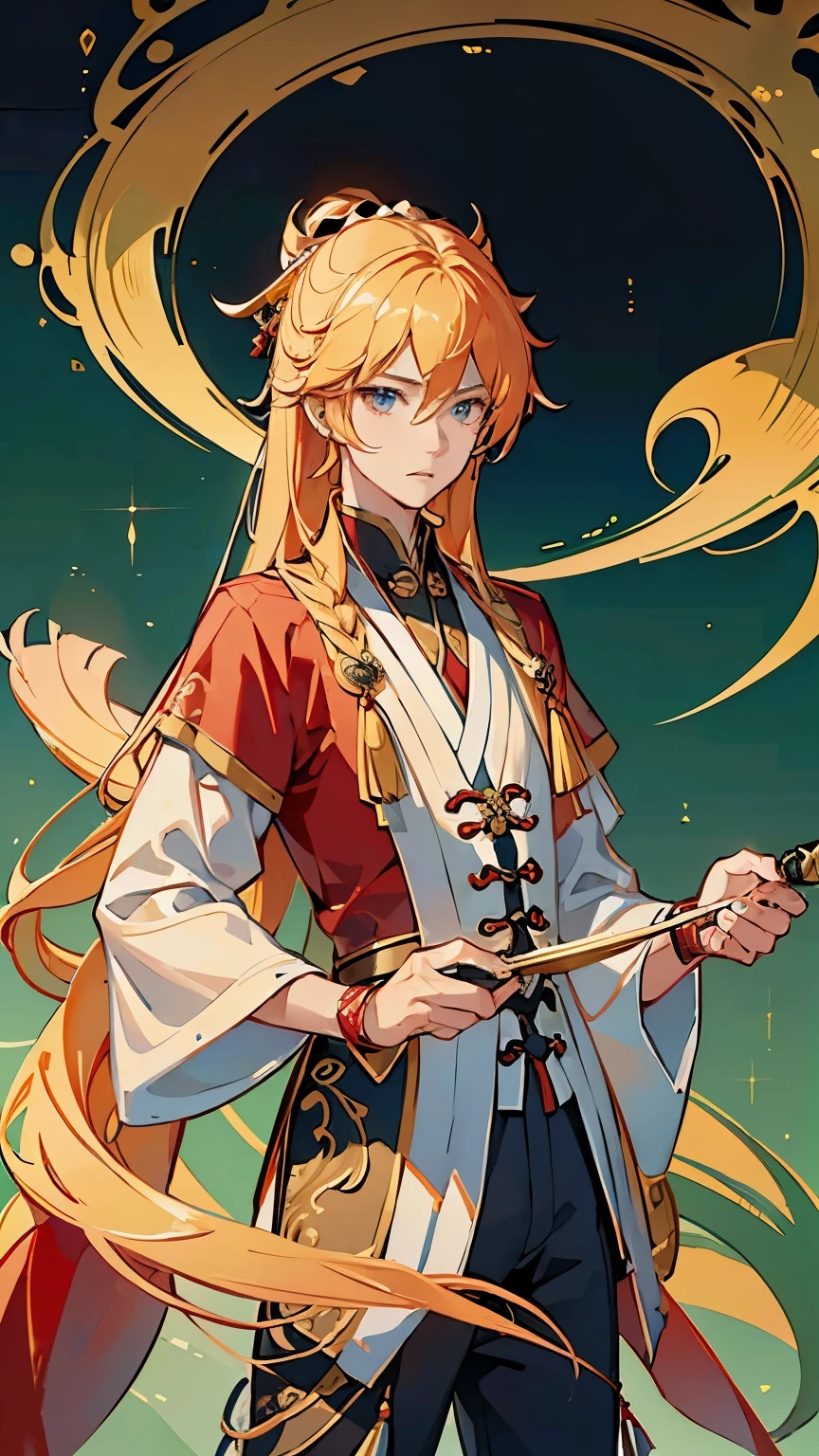 masterpiece，best quality，ultra high resolution，4K，ultra high definition，2D beautiful boy，red hanfu，long blonde hair，As gentle as jade，Humble gentleman，red hanfu，Sword flying