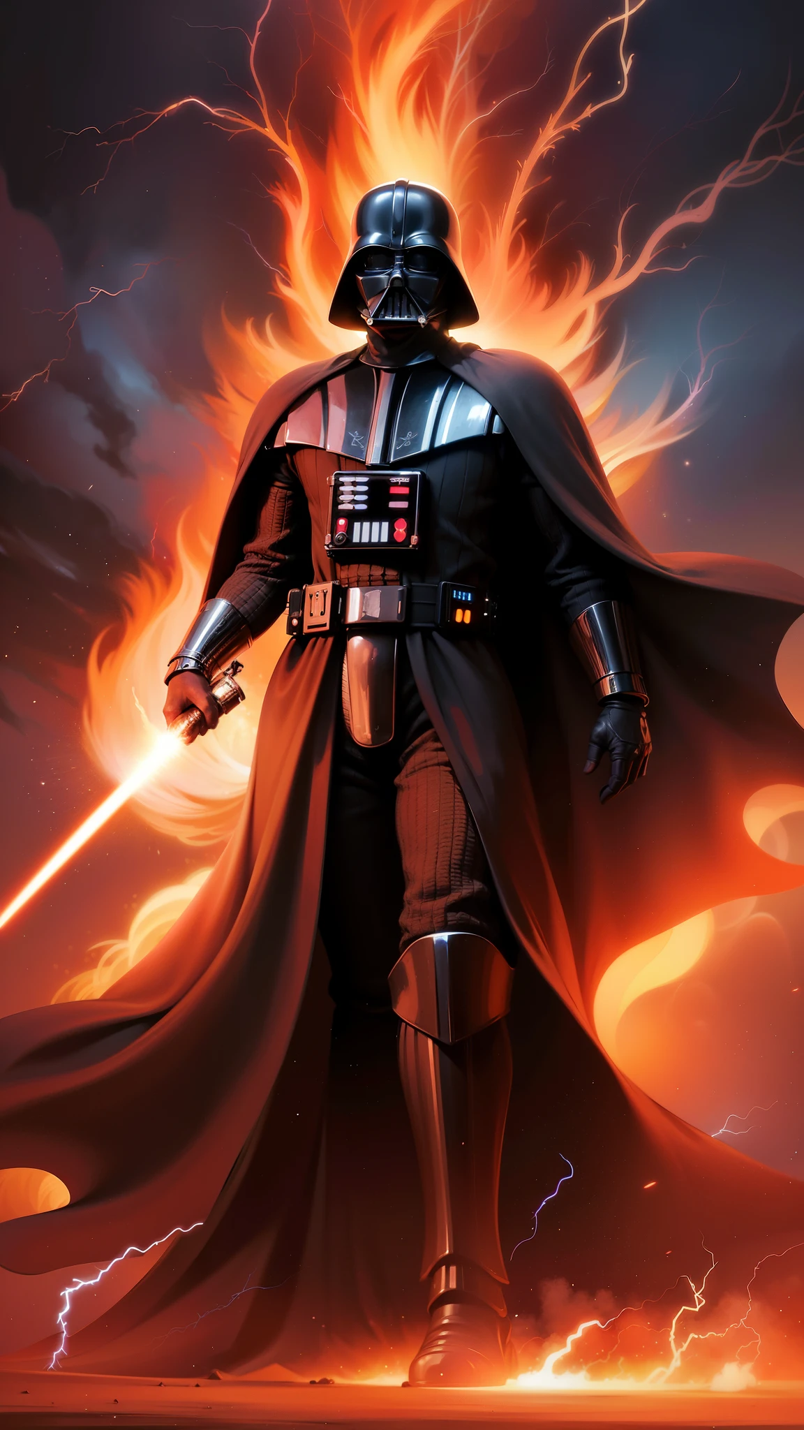 (realistic:1.3), intricate details,painting \(artwork\), ((masterpiece,best quality)), ((cinematic light)), Darth Vader, \(style\), detailed armor, detailed helmet, surrounded by flames and lightning with thunder, segurando um sabre de luz vermelho, 4k.