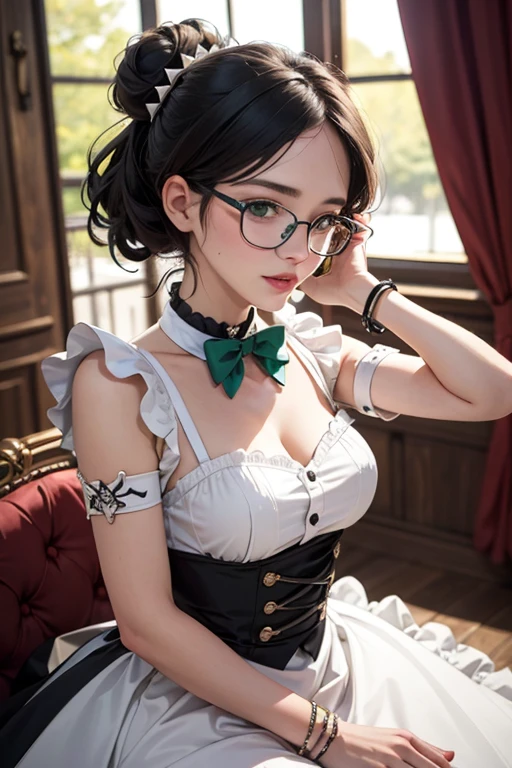 highres, sharp focus, pixiv masterpiece, ((intricate details)), highly detailed, yuri alpha, Eva Green, (green wristband, green gauntlets, spikes,:1.1) glasses, green eyes, maid, single hair bun, dress, choker, bowtie, maid apron,