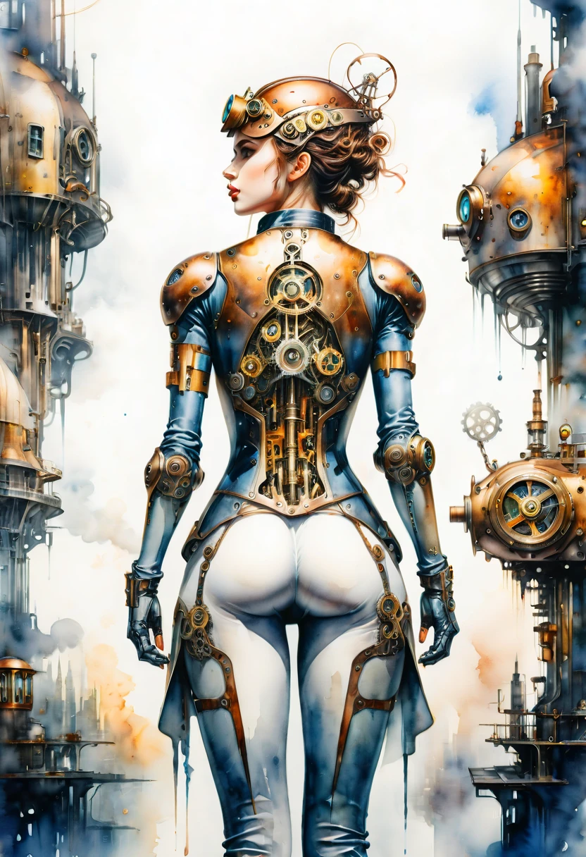 (watercolor artwork), a stunning watercolor painting on canvas, white background, simple watercolor, artistic watercolor, watercolor, steampunk, toned body, standing with hands clasped behind back pose, in a artificial intelligence city, (best quality, masterpiece, Representative work, official art, Professional, Ultra high detail, 8k)