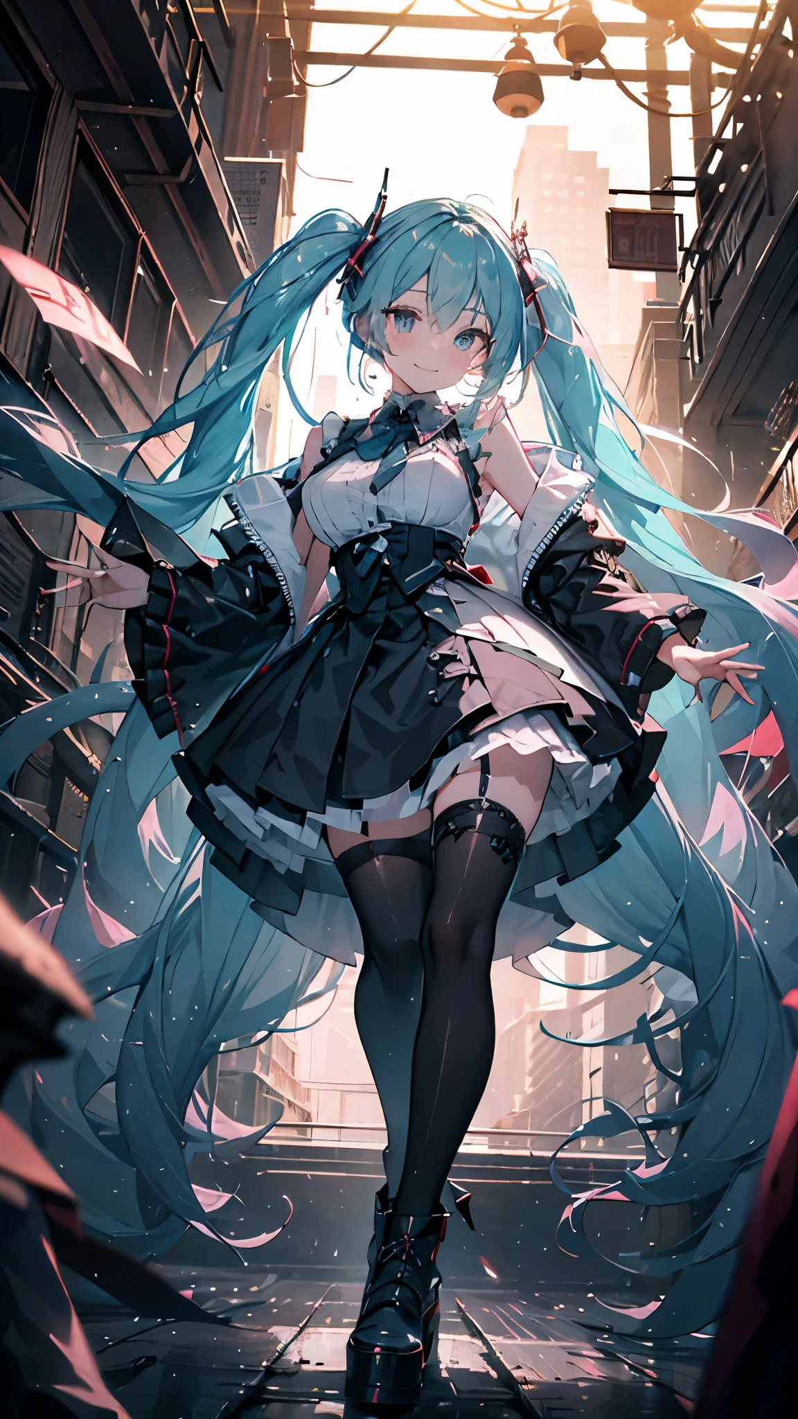 (Masterpiece,Super Detail,in 8K,best composition,moody lighting,photorealsitic,dynamic shot:1.5),Hatsune Miku,dangerous vampire,adult sexy body,light blue twin tail,smile slightly,double teeth,small pink heart painting on cheek,pink and black color gothic dress fashion,very delicate details jirai-kei fashion,black platform high-boots,beautiful long legs,beautiful big tits,cute pose,downtown at midnight,a lot of neon lights,hustle and bustle of the city