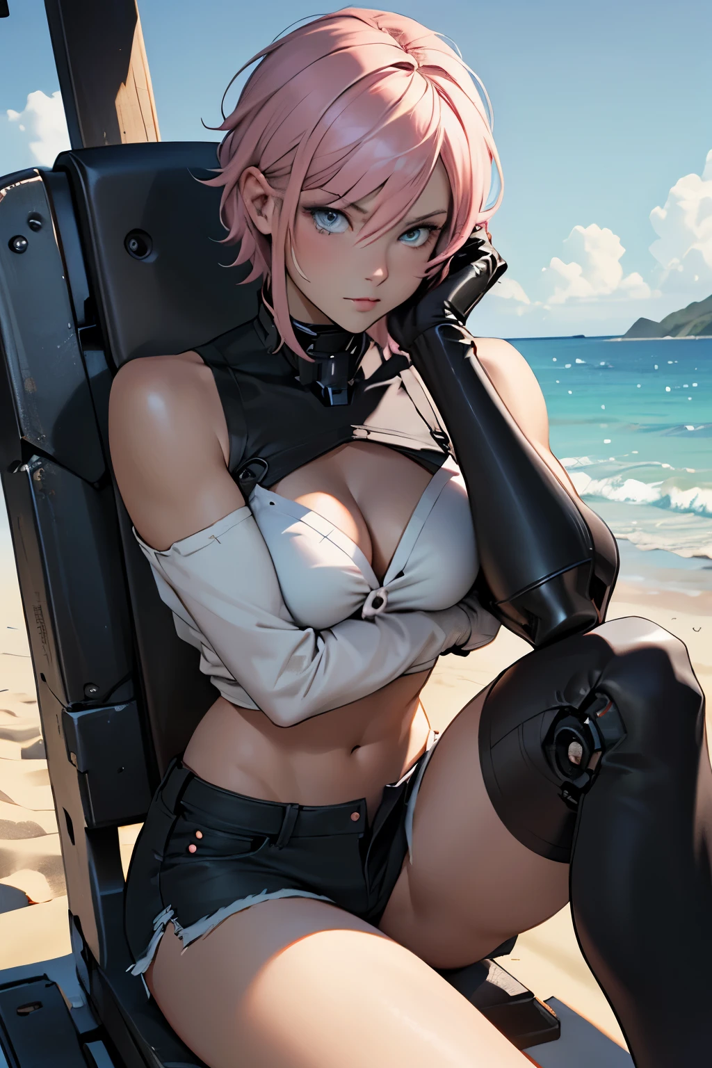 concept art, detailed sketch, sketch drawing, manga art style, young woman in casual black blouse with low neckline showing black bra and short shorts, British features, short pink hair with dark roots, light blue eyes, slightly defined muscles, slightly muscular arms, wearing sensual black gloves, robotic prosthetic left arm, sitting in a sensual pose, beach in the background