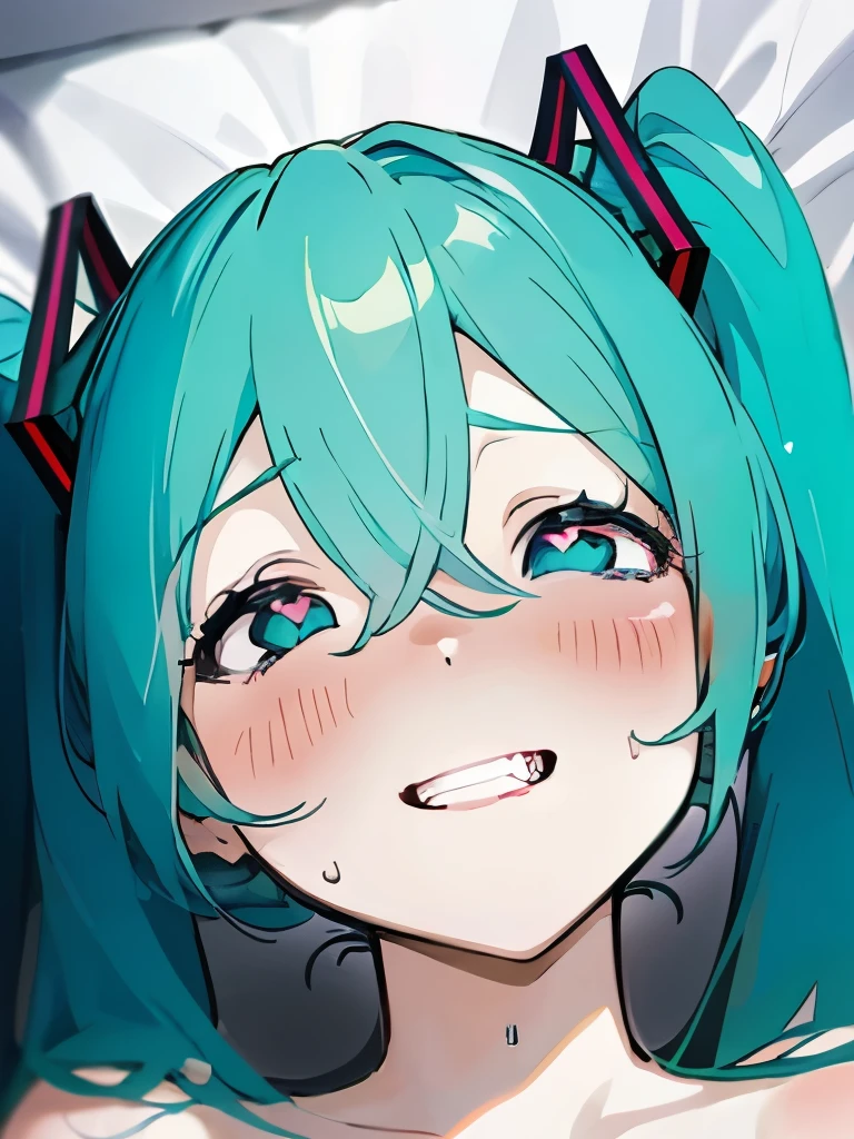 masterpiece, penisface,  on face, uncensored,  grin, blush,  heart-shaped_pupils, hatsune_miku_ecsta 
hatsune miku,
aqua hair,
aqua eyes,