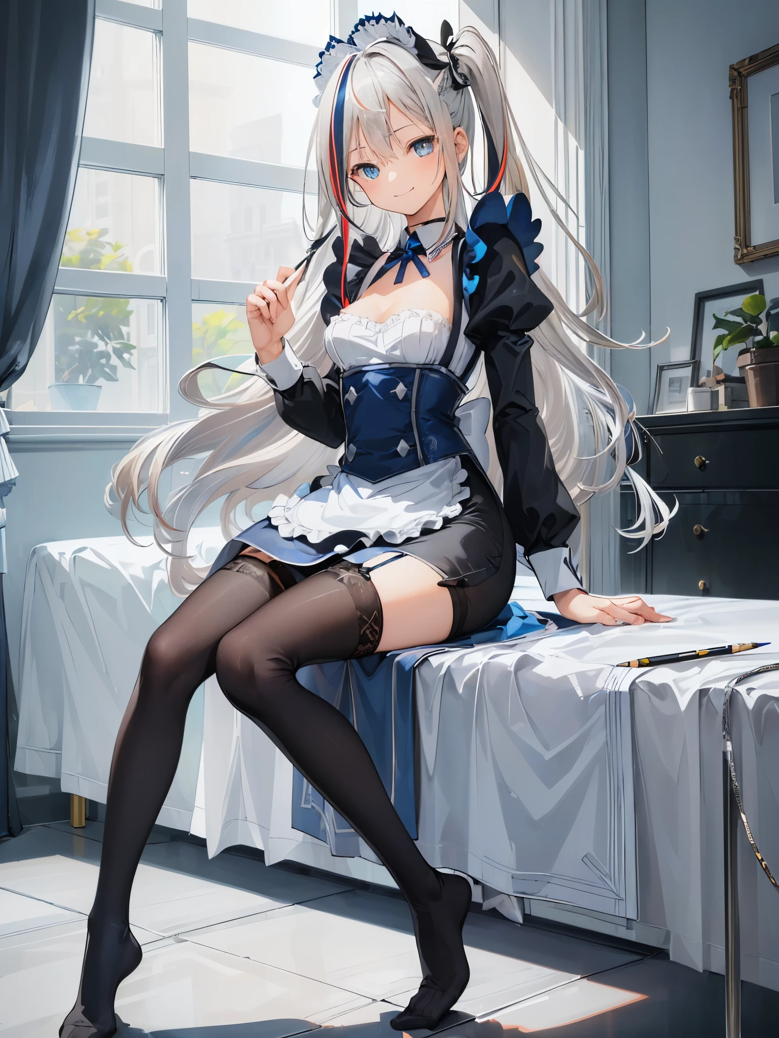 ultra detailed, intricate details, an extremely detailed and delicate:1.1,8k cg wallpaper, stunning art, illustration:1.1, extremely fine and beautiful, photorealistic, beautiful and clear background:1.25, depth of field:0.7, dynamic angle:1.2, light blue eyes, beautiful detailed eyes, at night, (((simple black thigh highs:1.4))), cute girl, girl, (silver hair:2.0), blue eyes, (cute body, body, young body) , ((from diagonal front:1.5)), (streaked silver and blue hair:1.6), (((in the bedroom))), (((one-side up long hair))), ((bare neck)), ((choker)), (((pencil skirt:1.2))), ((long sleeves)), ((sitting, one side knees up)), (((glowing silver hair))), from diagonal above, (((blue maid))), (cleavage), (((smile))),