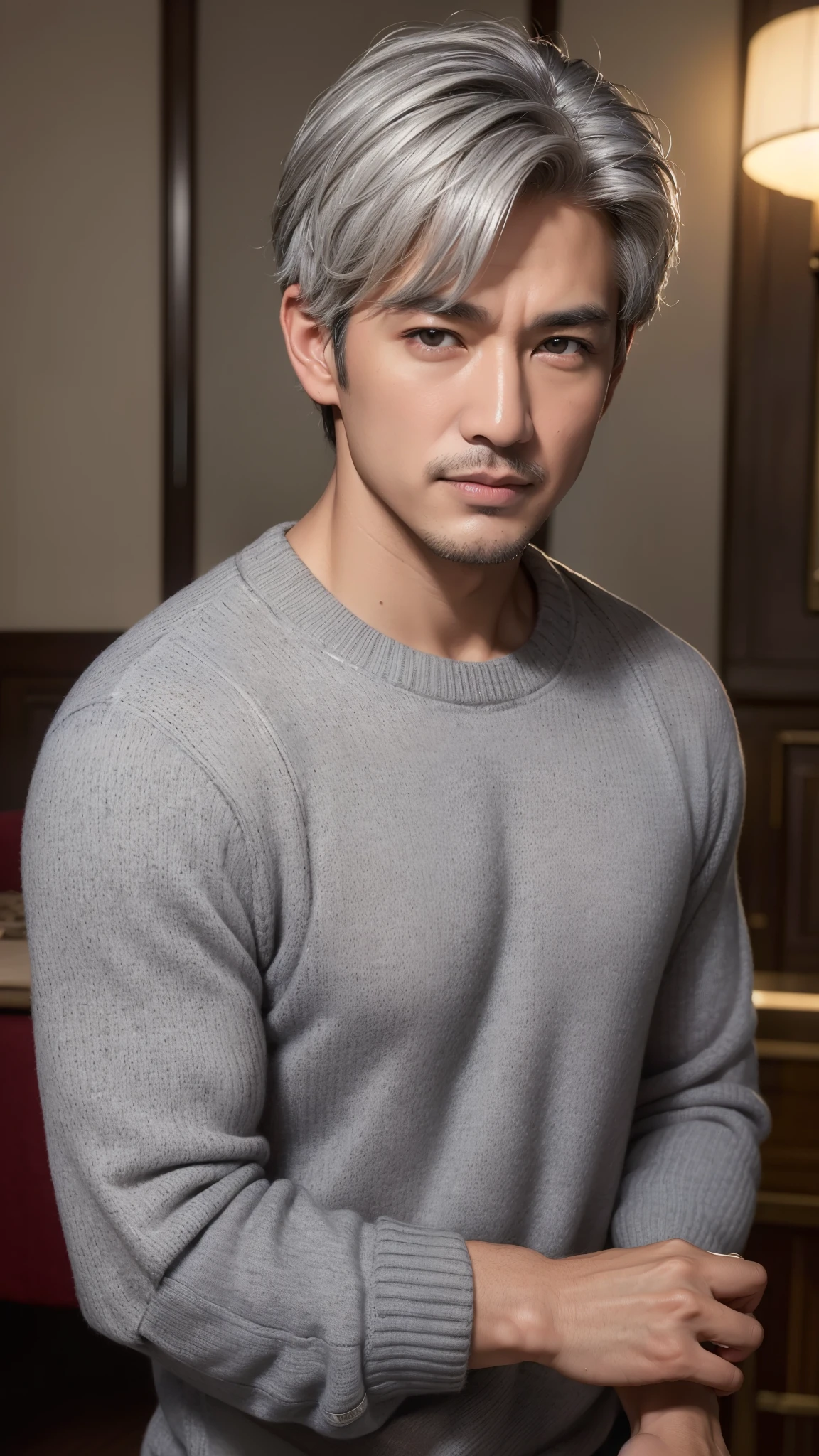 (best quality, masterpiece, high resolution:1.4), (Photorealistic, raw photo:1.2), (solo), (male:1.5), (asian:1.7), modeled, (handsome:1.3), (dark blown eyes:1.2),shoot from front,(50 years old), (gray hair:1.3), (extra short hair:1.2), (sweater:1.3), midnight,(In a room, in luxury hotel)