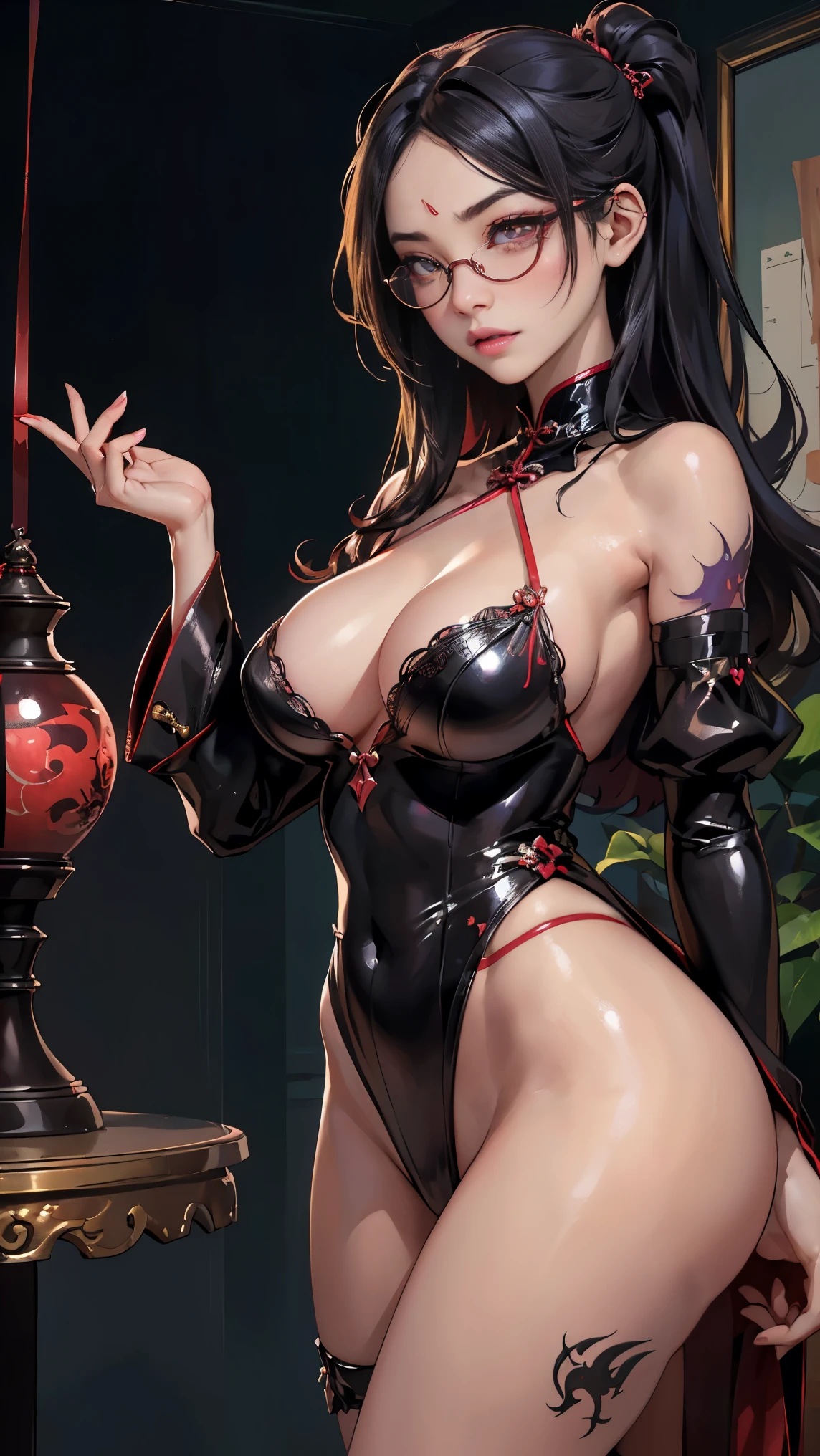 (best illustrations)、8k UHD resolution、intricate details、highest quality、realistic、Super detailed、best lighting、best shadows、soft lighting、Ultra HD、超realistic、Tyndall effect、Photoreal、(high detail skin:1.2)、 (intricate details, Complement, face to face_v1:0.5), (beautiful and delicate face, beautiful and delicate eyes, perfectly proportioned face, high resolution skins, fine skin, Optimal ratio of 4 fingers and 1 thumb, arm under chest, red tattoo on lower abdomen、wow wow, wide hips, smooth abdomen, thin and thin skin, __fashion__, __hair__:1.25)、Digital single-lens reflex camera、 absurd、(table top: 1.3), (maximum resolution: 1.2), (Ultra HDTV: 1.2), cinematic light, fine eyes and skin, detailed facial features, , (sharp focus: 1.2), (focus on face:1.2),perfect style, beautiful face, acura, anatomically correct, Highly detailed face and skin texture, fine eyes, double eyelid, thin eyebrows, glitter eyeliner: 1 natural cheeks, Glossy skin, Fair skin: 1.2, (glossy lips: 1.4),(embarrassed look: 1.2),Highly detailed face and skin texture, fine eyes, double eyelid, natural cheeks, glossy lips: 1.4,exposed cleavage、Bewitching。charm、 地獄から来た美しいdevilの女性, Surreal female portraits by David Hockney and Alphonse Mucha, charm女性の肖像画、fantasy art, chinese doll、Chinese actress、dungeon、dragon、devilの宮殿、devilの拷問室、night、dark style 、in the dark、(detailed spooky background:0.8), magic、 1 girl、evil nun、dark necromancer、Succubus、devilの娘、Shinonome Umi、bat wings,(((devilの角)))、 ((((round glasses)))),(((big breasts)))、(devil'tail)、(red eyesは光り輝いて:1.6)、red eyesは非常に鮮明で詳細です, your eyes are made up so beautifully, ((red eyes:1.0)),intricate tattoo, demonic intricate tattoo, Tattoo on the thigh, body tattoo, masterpiece、最もbeautiful face、baby face、cute smile、beautiful plump red lips、筋肉のcharm体、devilのcharm体、devil style、charmブラックマジックコスチューム、長hair、Braid、黒hair、ponytail、beautiful expression、body up、big breasts強調、bust, super tight chest, Breast augmentation surgery, The chest is very large and round,tight waist、wide ass、 secret key, cowboy lens, (Black Phoenix Dress: 1.0), devil crown, red sparkling gemstone necklace、Jewelry G Wise, Please wear black mesh socks,Wear light red、nffsw, nffsw, meet beautiful girls, look at the girl's body, 部屋でポーズをとる角とdevilのメイクを持つセクシーな女性, Renji Murata and Art Germ, 超realistic女子高生, japanese goddess, 美しいcharm的なアニメの女性, biomechanics , seductive anime girl, beautiful succubus, surreal , highly detailed art germ, hyper realistic anime, Captivating portrait of Tifa Lockhart
