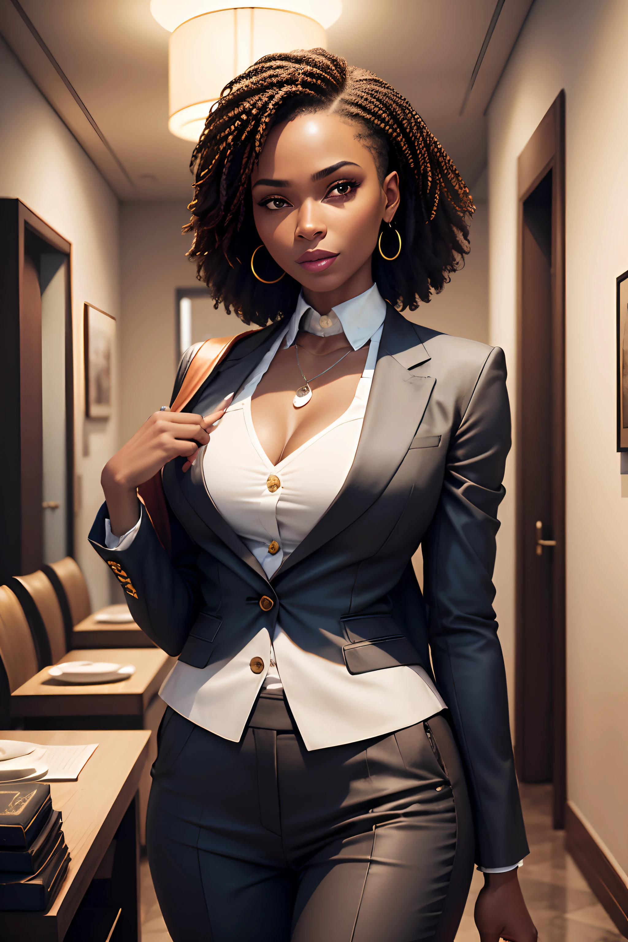 1 femme adulte africaine , tete ronde. cheveux longs, cheveux lisse,  peau lisse, , sourire, vegetation, Occasionnel, Business women's style clothing (Blazer et pantalon), Blaser brun clair, Realstic, with experience in a chic apartment, Super realistic 8k, Super detailed and realistic