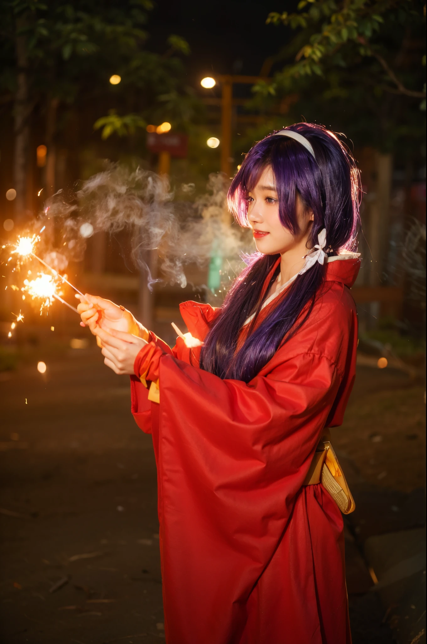 ((Asian girl)), her standing in the park:1.2, there is a woman in a red kimono holding a sparkler, kitsune holding torch, anime girl cosplay, anime cosplay, casting fire spell, fox nobushi, cosplay photo, fire mage, firework, female mage conjuring a spell, fireworks, cosplay, the sorceress casting a fireball, casting a fire spell, fire spell, professional cosplay, 4K, realistic texture, photorealistic, photo, high-quality, ultra quality, super realistic, ((purple hair:1.33)), ((perfect face)), ((perfect eyes)), ((perfect lip)), ((mini smile))