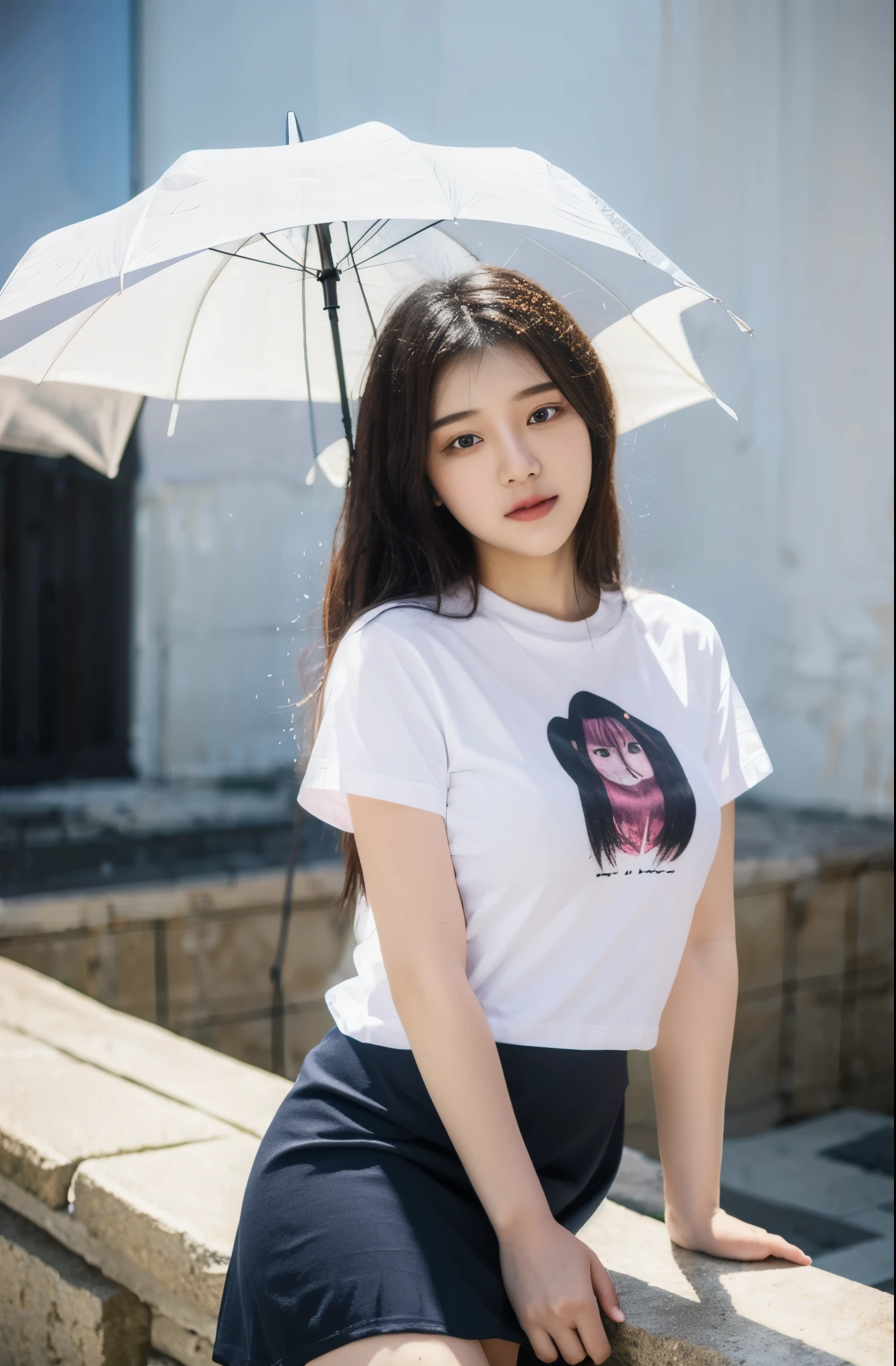 best quality)), ((masterpiece)), (detailed), perfect face,big ass,tee shirt,skirt