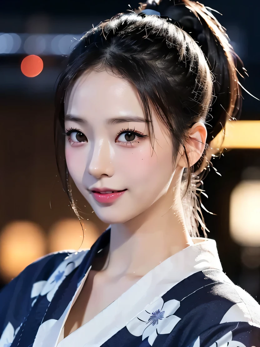 ((masterpiece、highest quality、genuine、Super detailed、High resolution、photogenuineistic、sharp focus、genuineistic photo、Live shooting、cinematic lighting))、((((fancy yukata、ponytail)))、Portrait of a Japan girl、cowboy shot、(Walking sideways、festival、City of night)、(very dark lip gloss)、open your mouth、soft light、blurred background、genuineな顔、genuineなボディ、genuineな肌、cute smile、detailed hand drawing